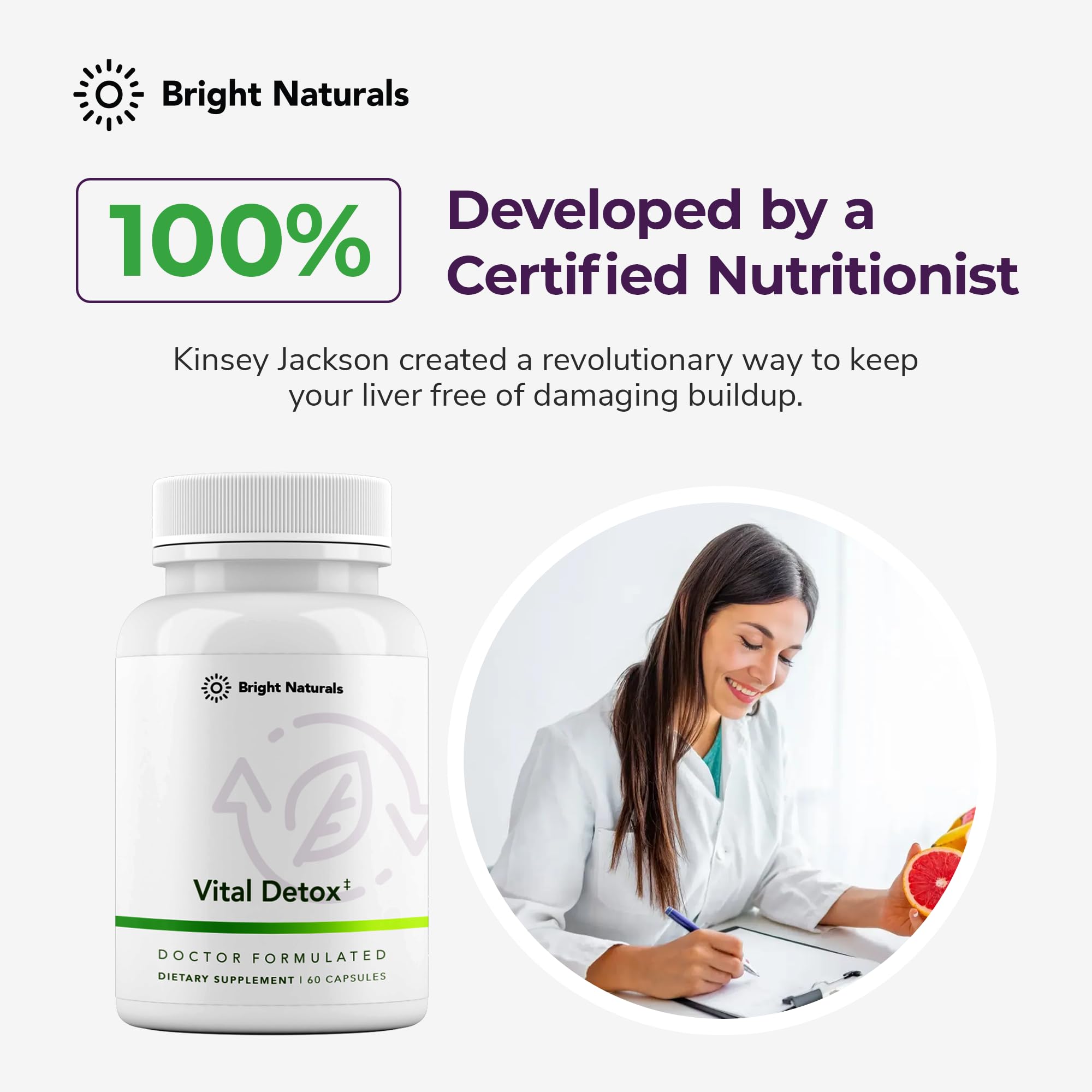 Étiquette et ingrédients – emballage Bright Naturals Vital Detox, transparence et qualité.