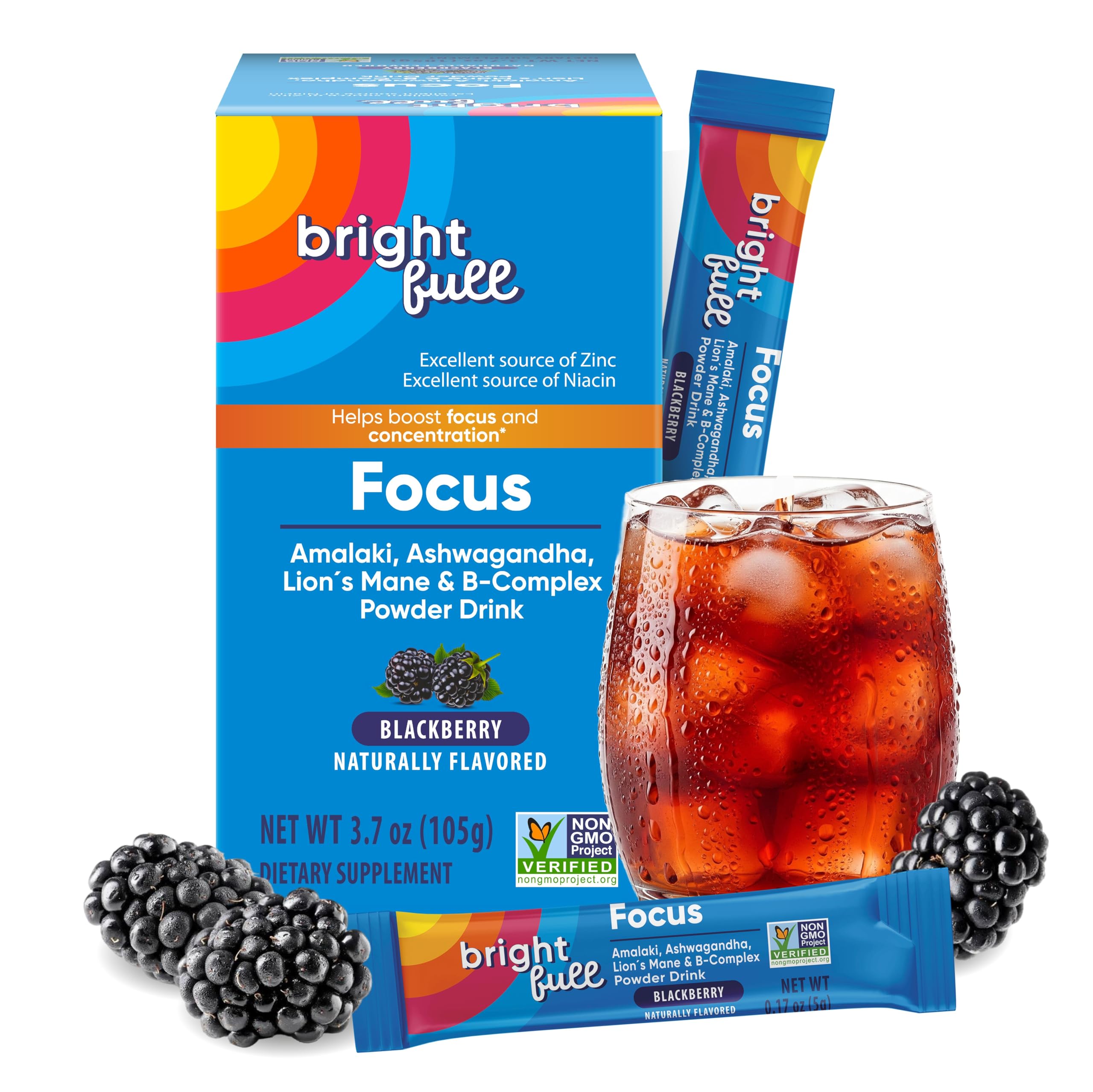 BRIGHTFULL Focus avec ashwagandha et crinière de lion, soutien potentiel à la clarté mentale.