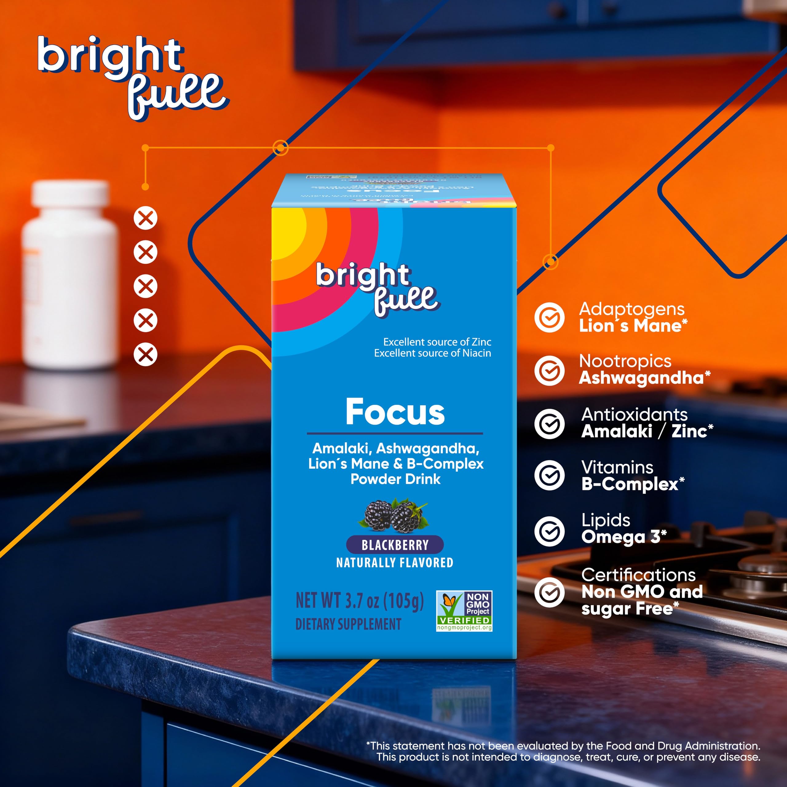 BRIGHTFULL Focus, ashwagandha et zinc, favorise la cognition et la concentration.