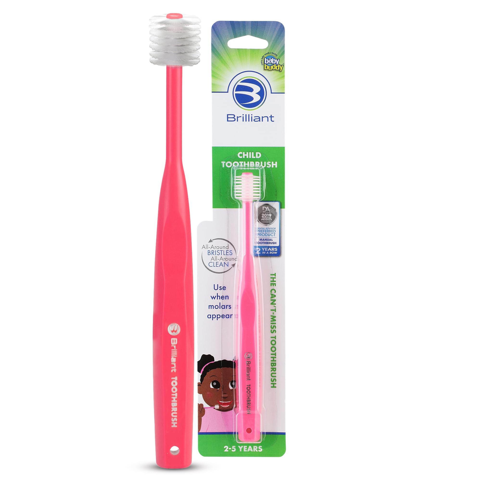 Brosse Brilliant pour enfants – tête ronde rose, nettoyage en douceur.