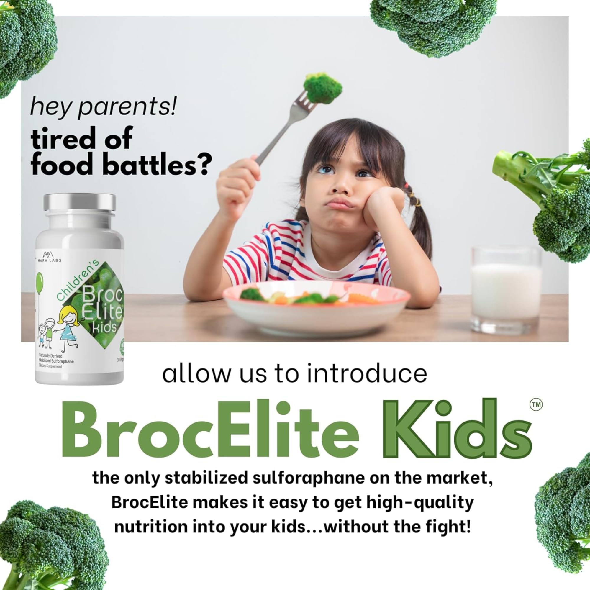 BrocElite Kids: étiquette sans OGM et formulation vegan.