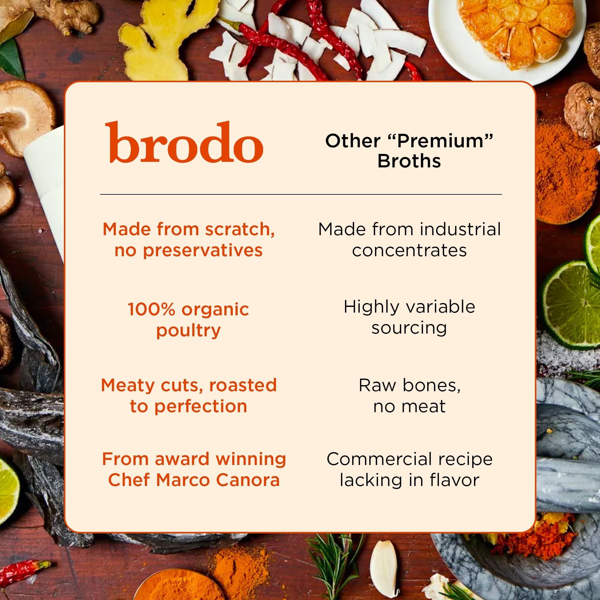 Brodo sans-conservateurs, emballage pratique pour emporter et réchauffer.