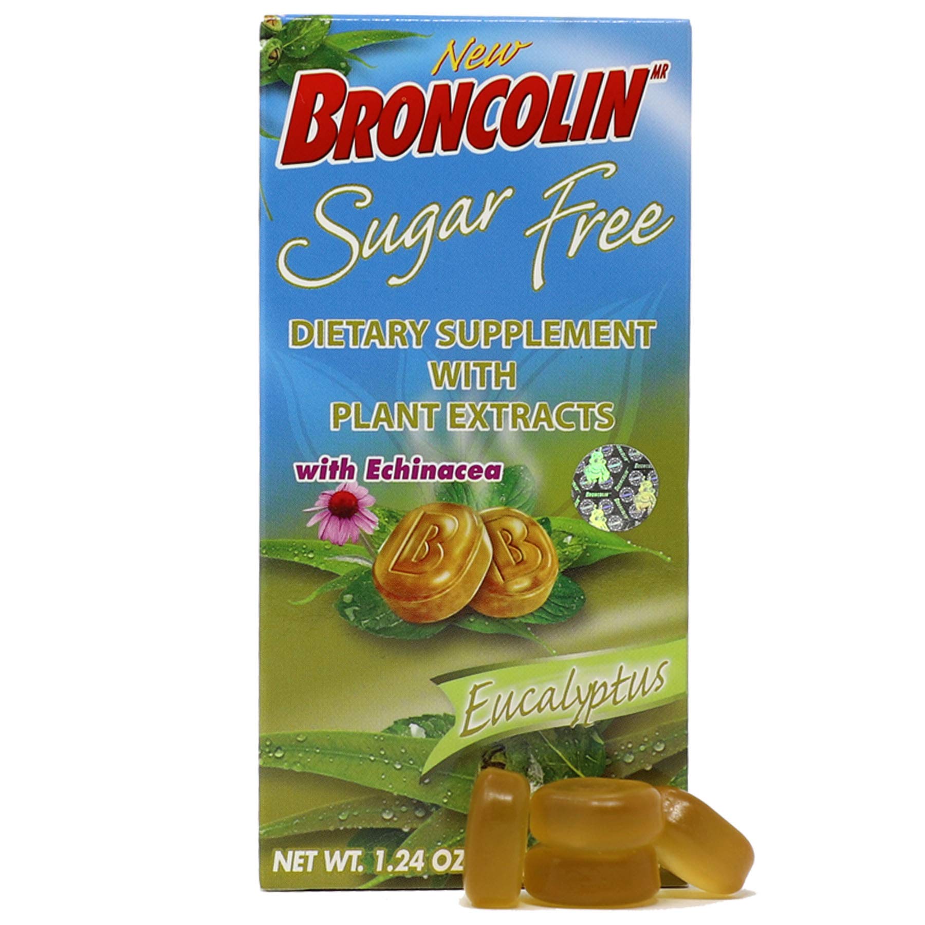 Boîte Broncolin Drops sans sucre sur l'emballage clair