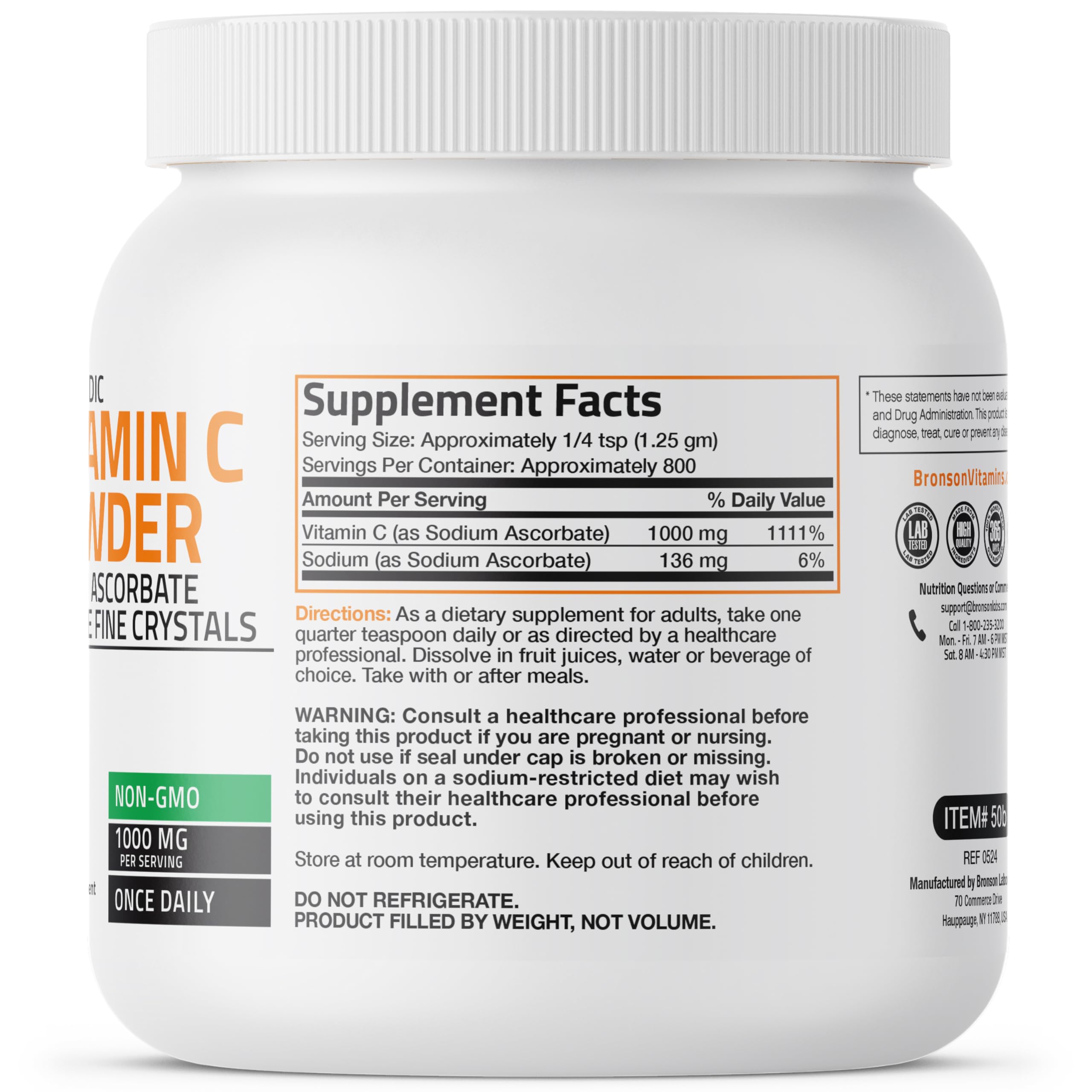 Bronson Vitamin C non acide - poudre soluble en petits grains pour dilution aisée.