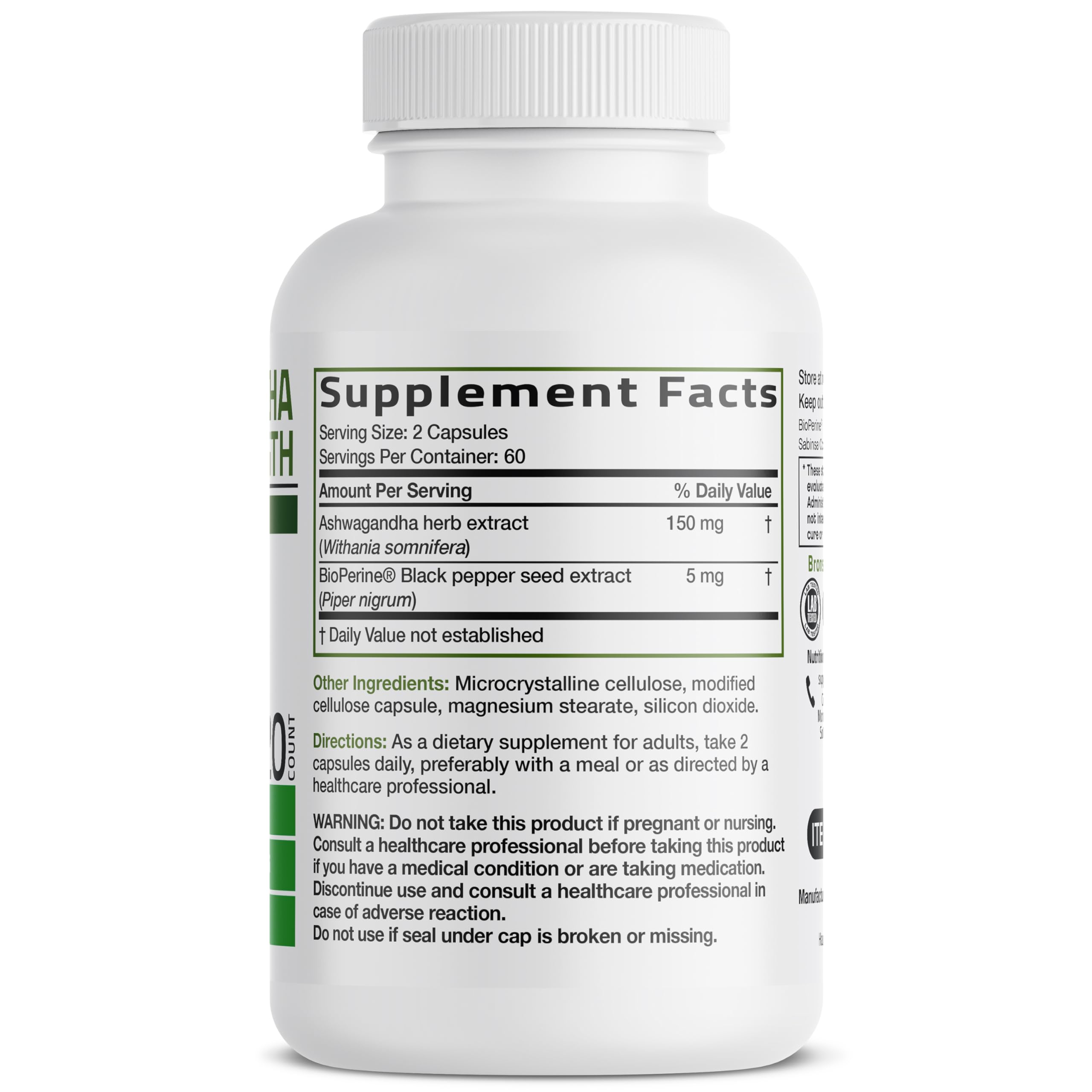 Bronson Ashwagandha avec capsules végétariennes faciles à prendre.