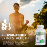 Étiquette claire de Bronson Ashwagandha indiquant dosage et usages potentiels.