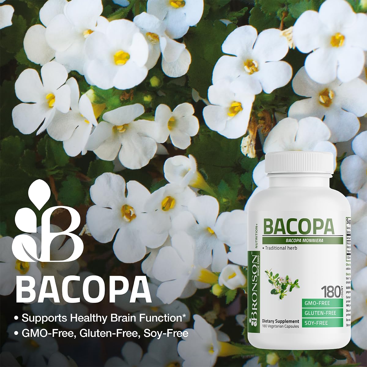 Étiquette Bronson Bacopa montrant le nom du produit et les informations clés.