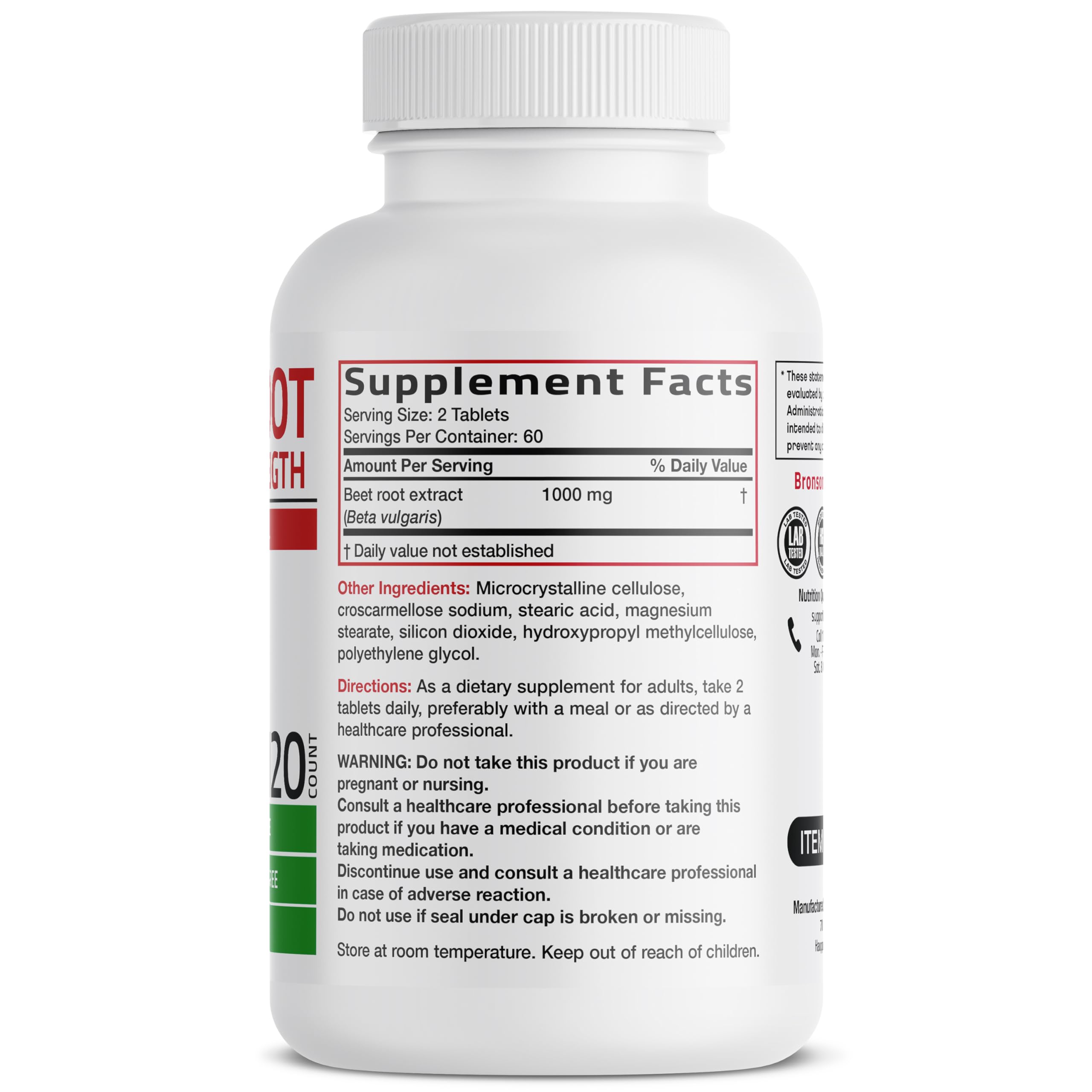 Bronson Beet Root Double Strength, comprimés véganes sans OGM pour le bien-être.