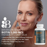 Bronson Biotine 5 000 mcg, étiquette lisible, traçabilité et qualité sans OGM