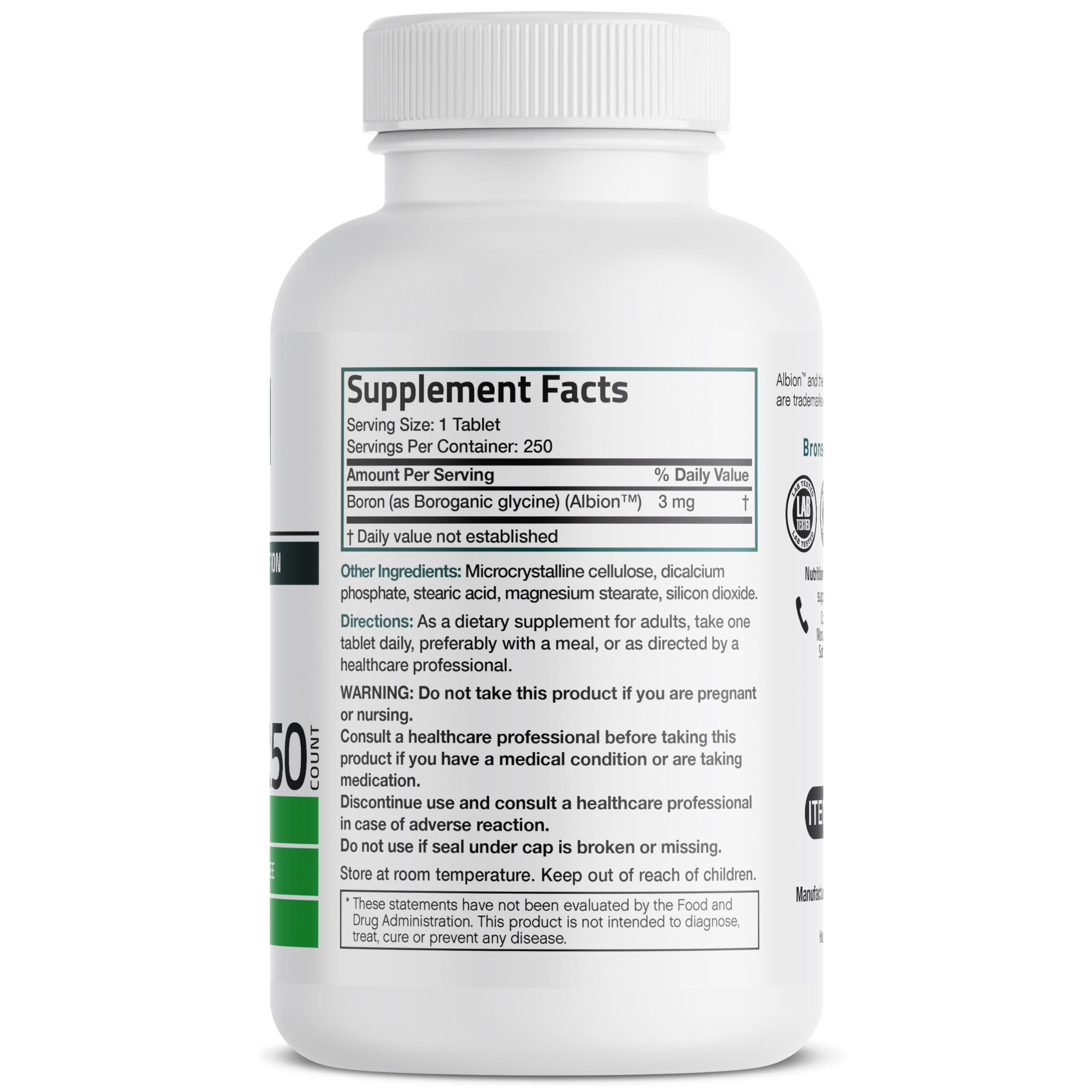 Bronson Boron 3 mg – étiquette sans OGM et sans gluten.