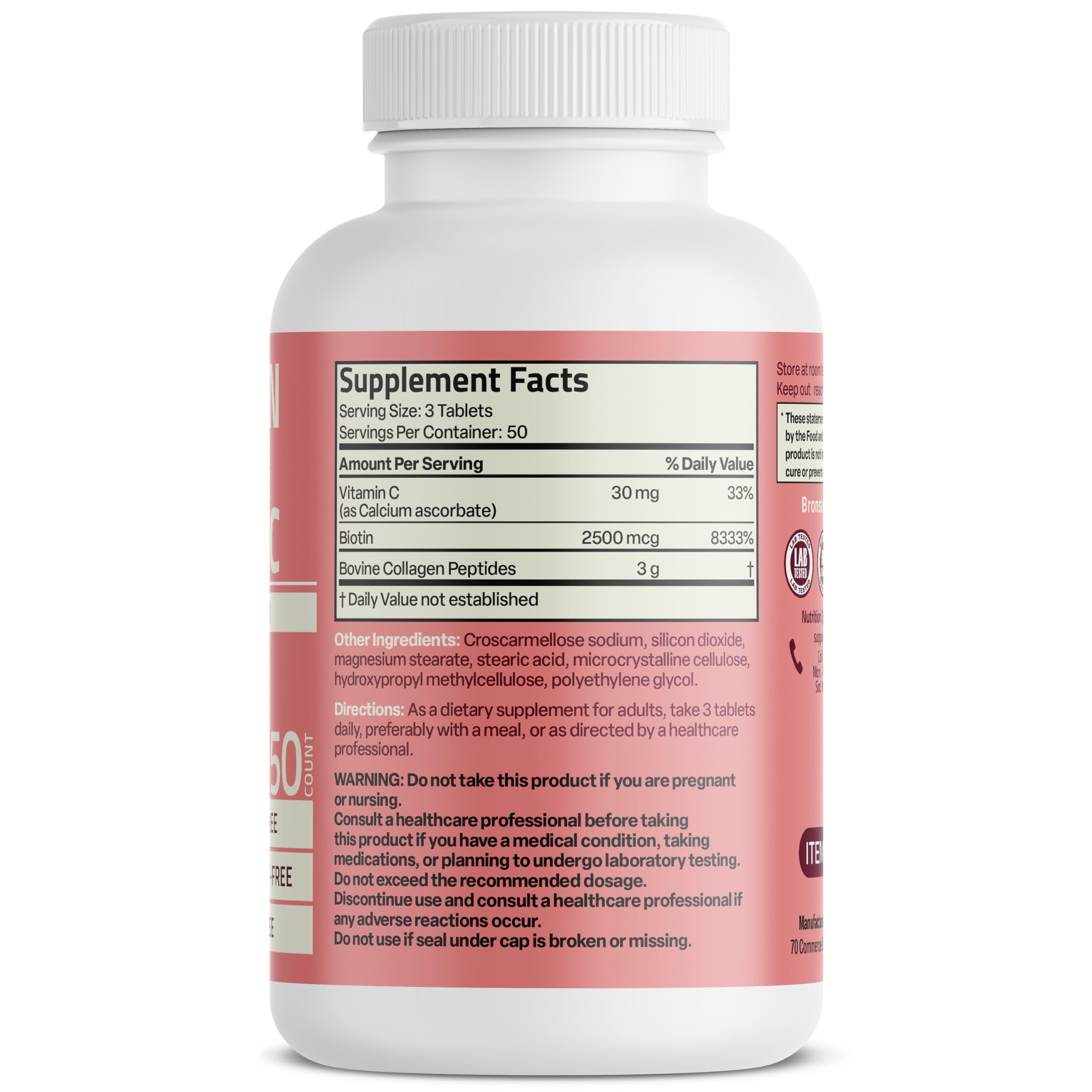 Bronson Collagen Peptides, étiquette officielle, composition non-ogm et sans allergènes.