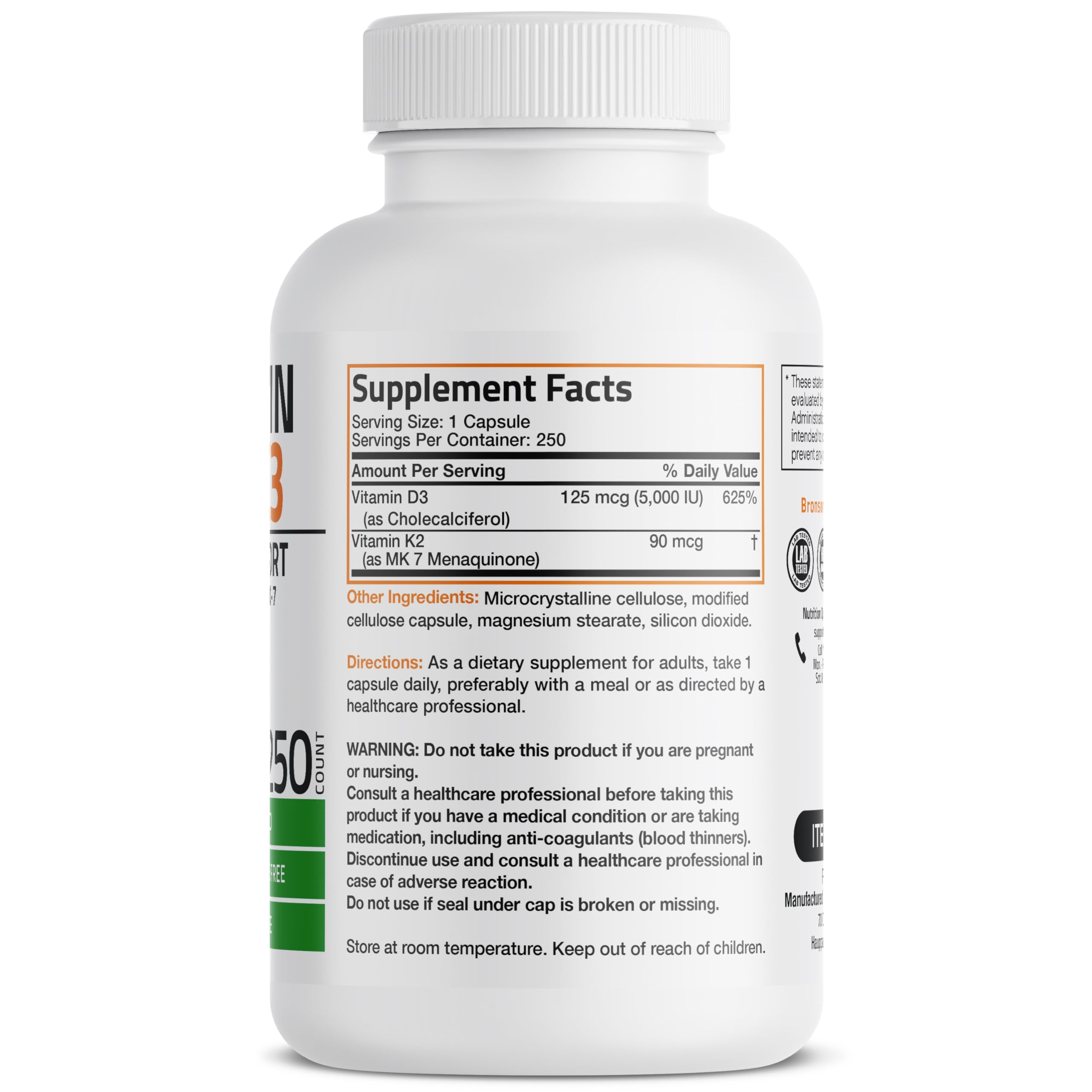 Bronson gélules-k2-d3 : capsules faciles à avaler et non-OGM.