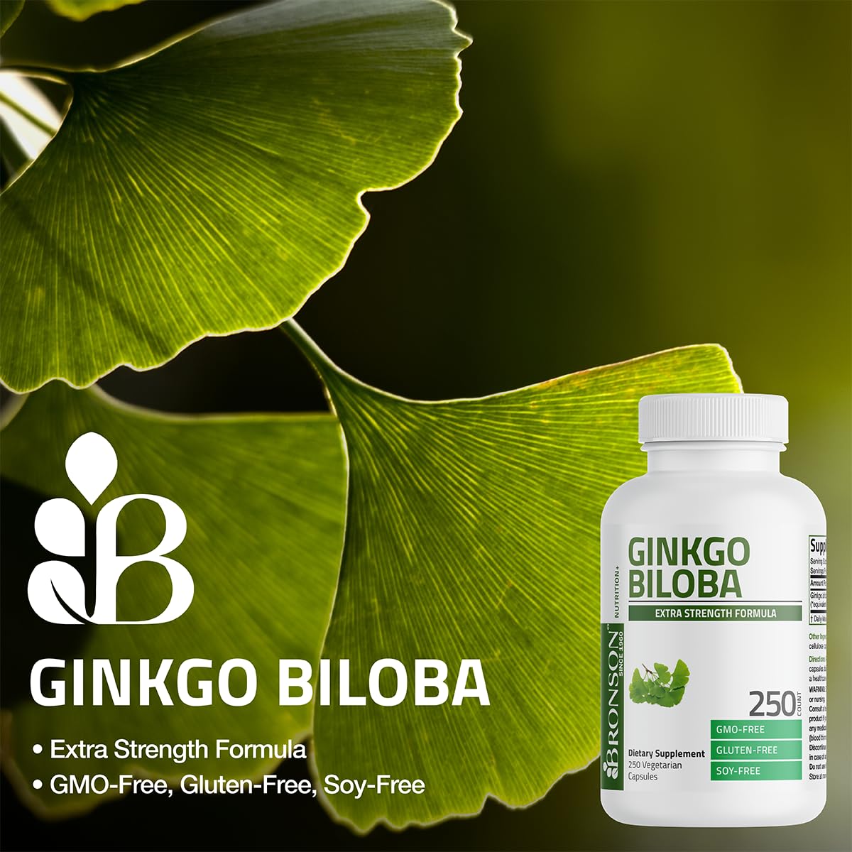 Bronson Ginkgo Biloba haute concentration, étiquette informative et nutritionnelle.