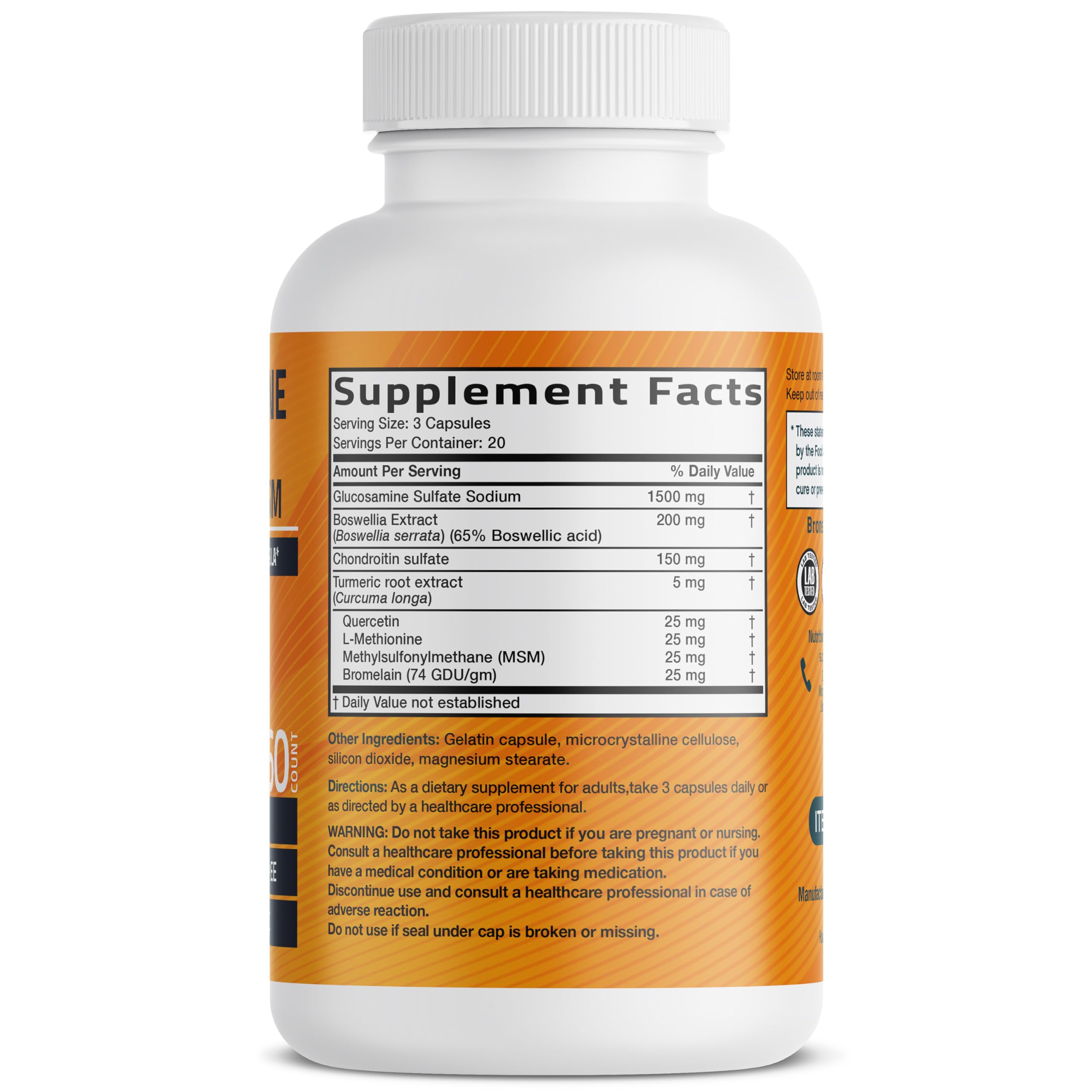 Bronson Glucosamine Chondroitin Turmeric MSM – gelules, prise facile.