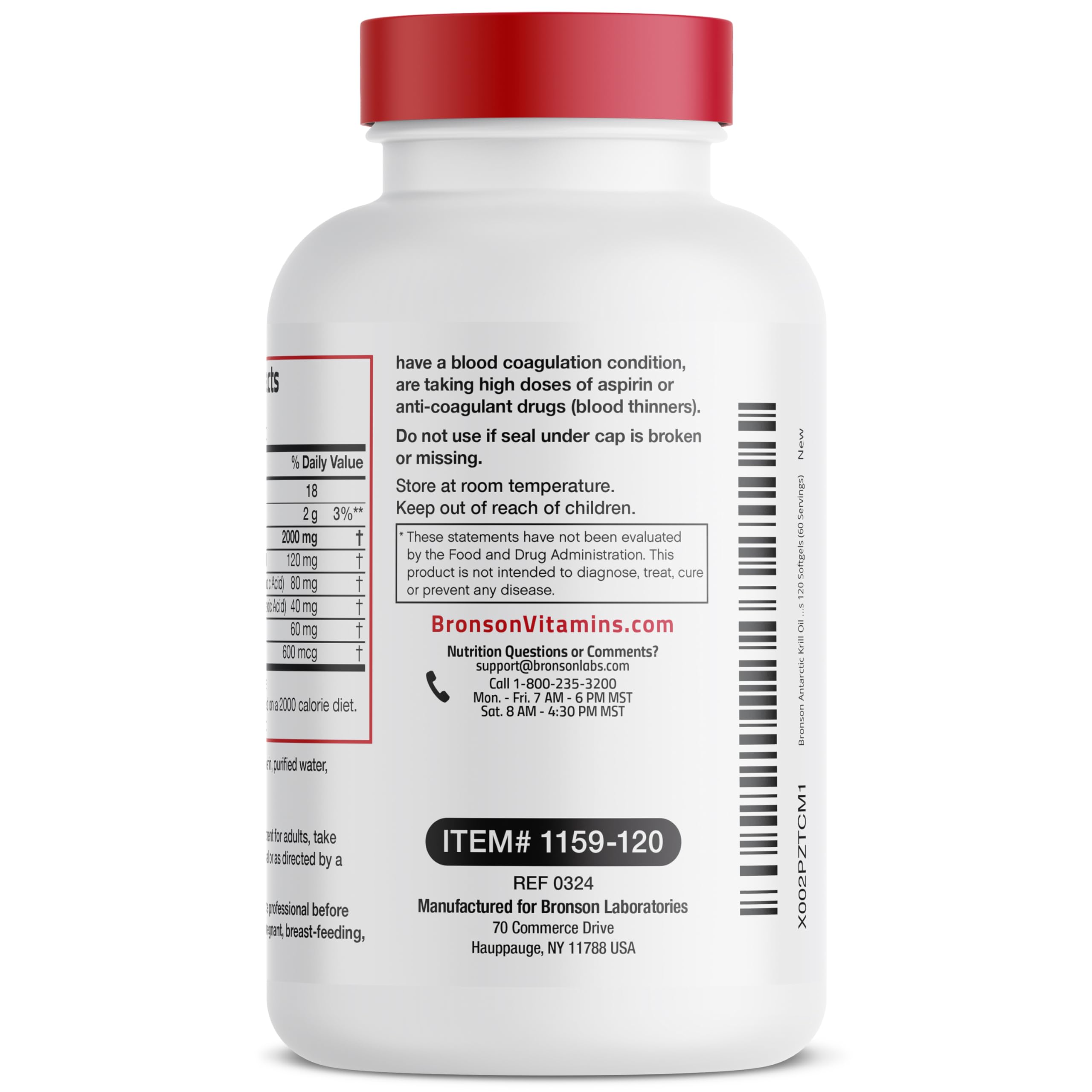 Bronson huile krill antarctique: sans gluten et sans soja, contrôle qualité laboratoire.