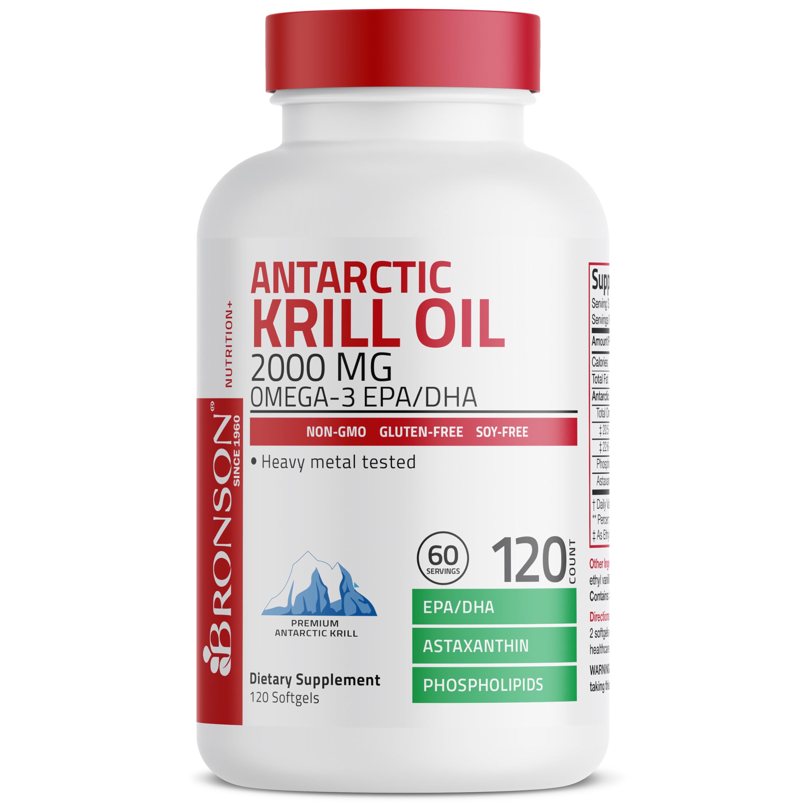 Bronson huile krill antarctique: astaxanthine pour couleur naturelle et soutien antioxydant.