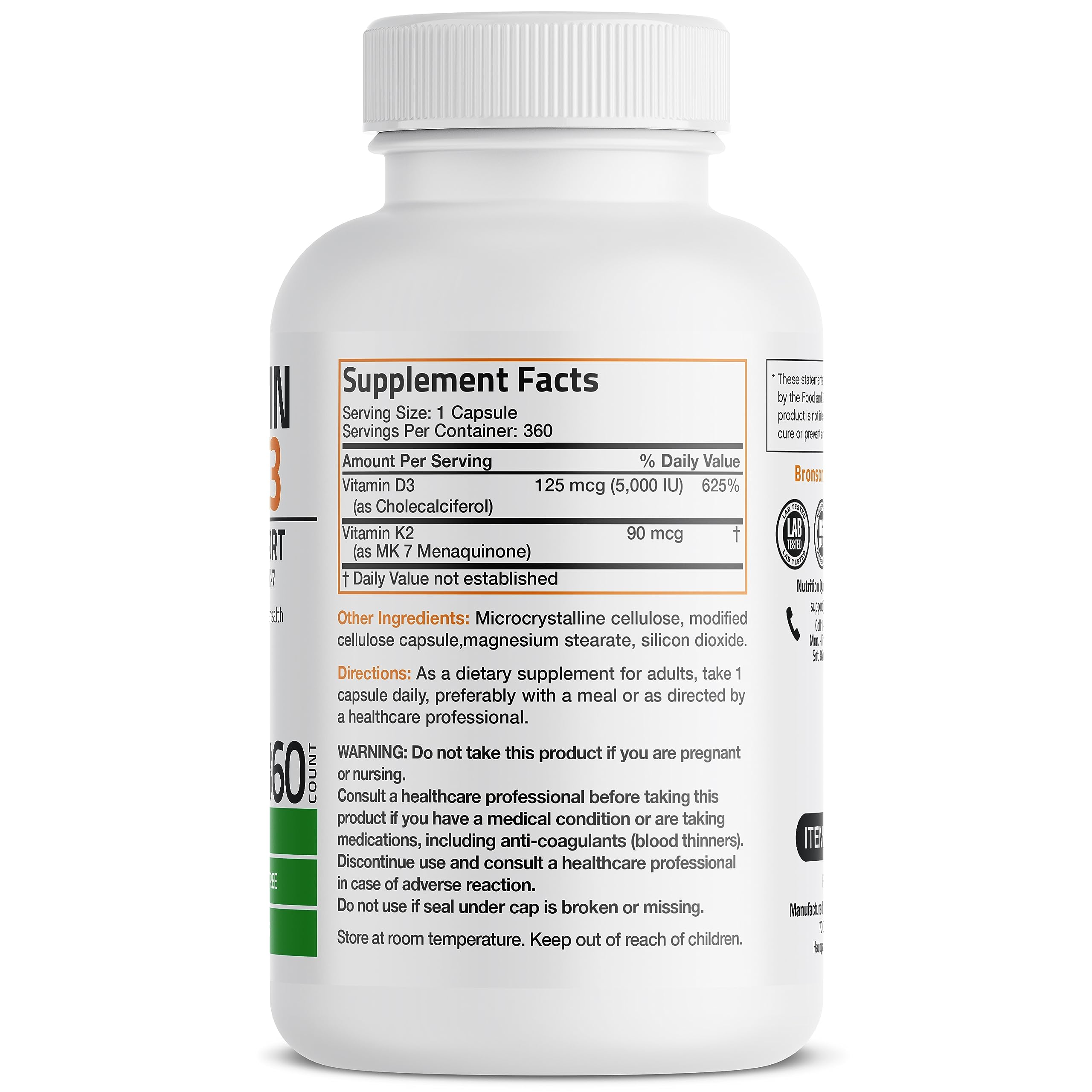 Bronson K2 D3 — Capsules faciles à avaler, formulation non-OGM