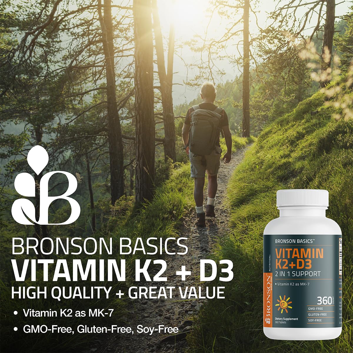 Bronson K2 D3 étiquette claire, ingrédients non-OGM sans gluten