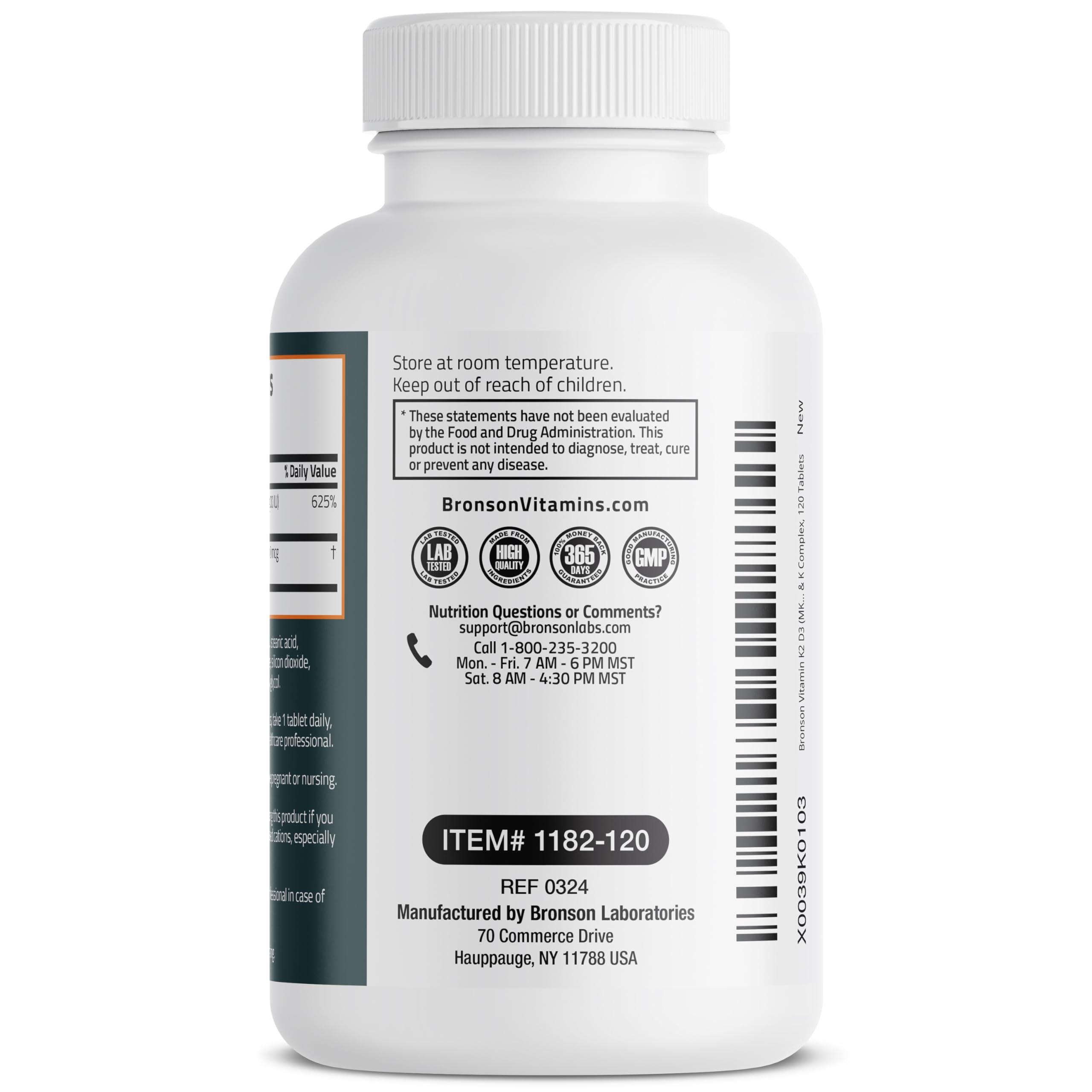 Bronson K2 D3 MK-7 sans OGM et sans allergènes courants.