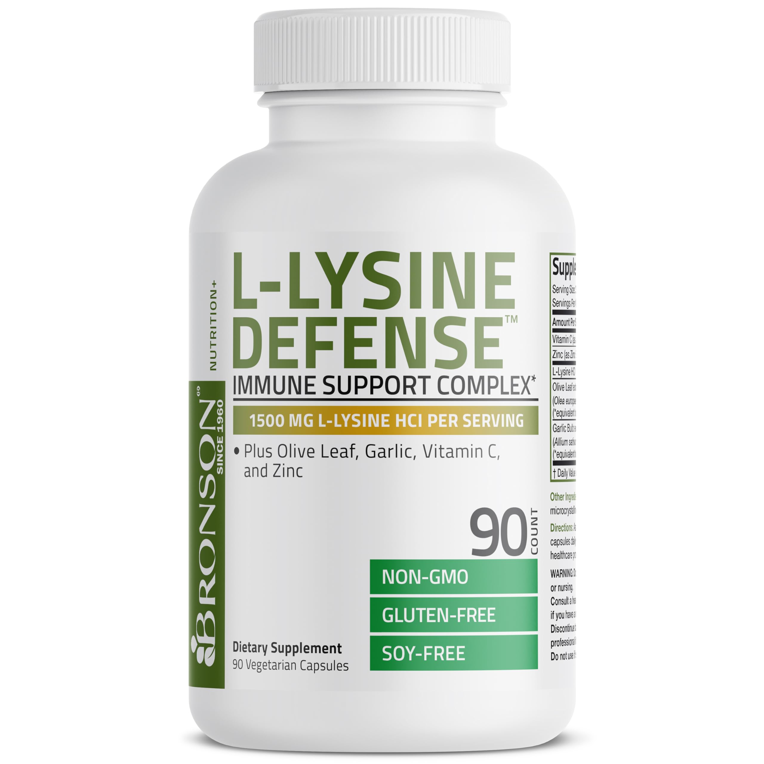 Bronson L-Lysine Defense, vitamine C et zinc présents pour l'apport quotidien.