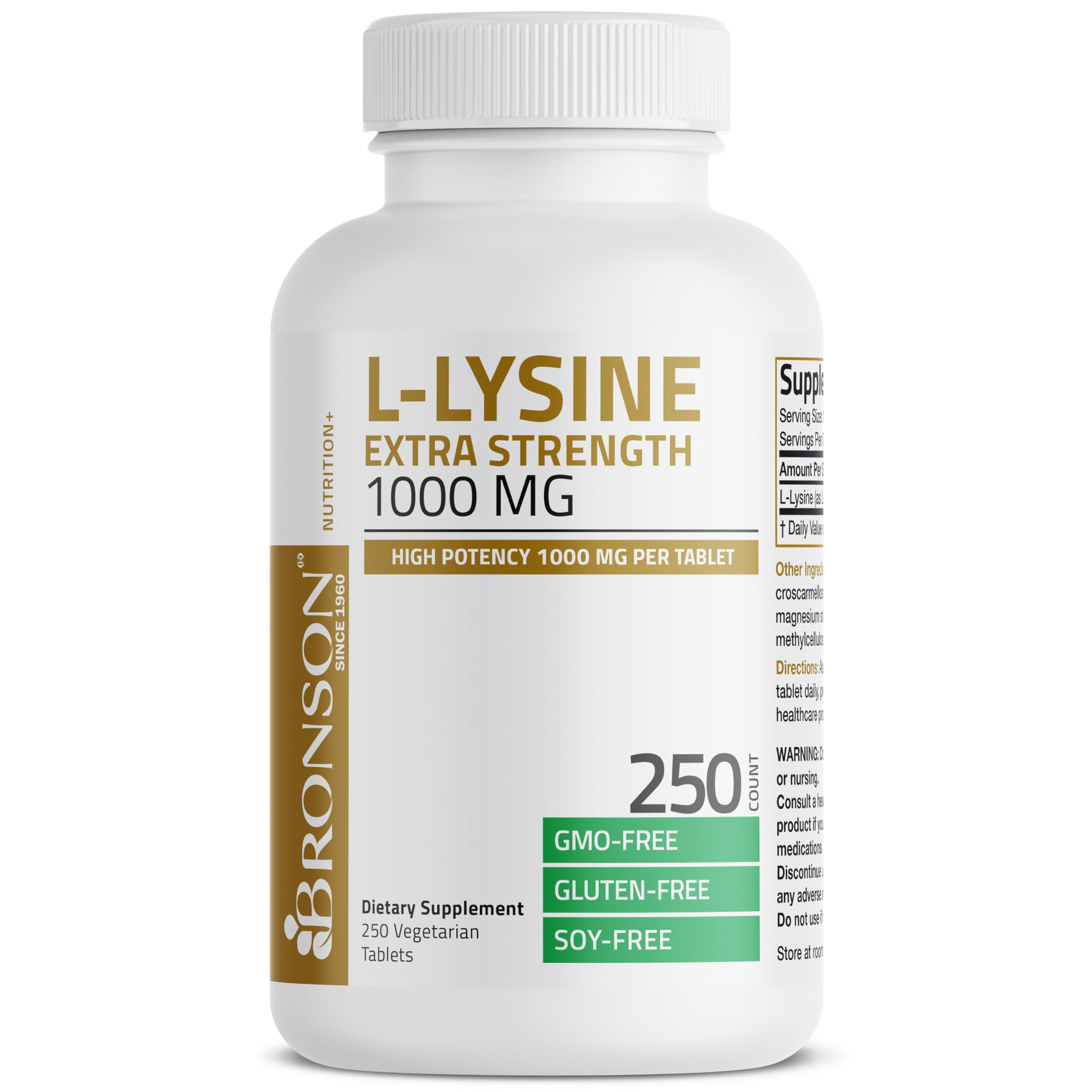 Bouteille Bronson L-Lysine – étiquette sans OGM ni soja pour options végétariennes