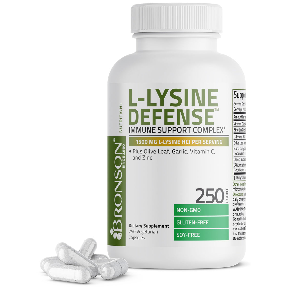 Bronson L-Lysine Defense, bouteille de 250 capsules, pratique pour votre routine quotidienne