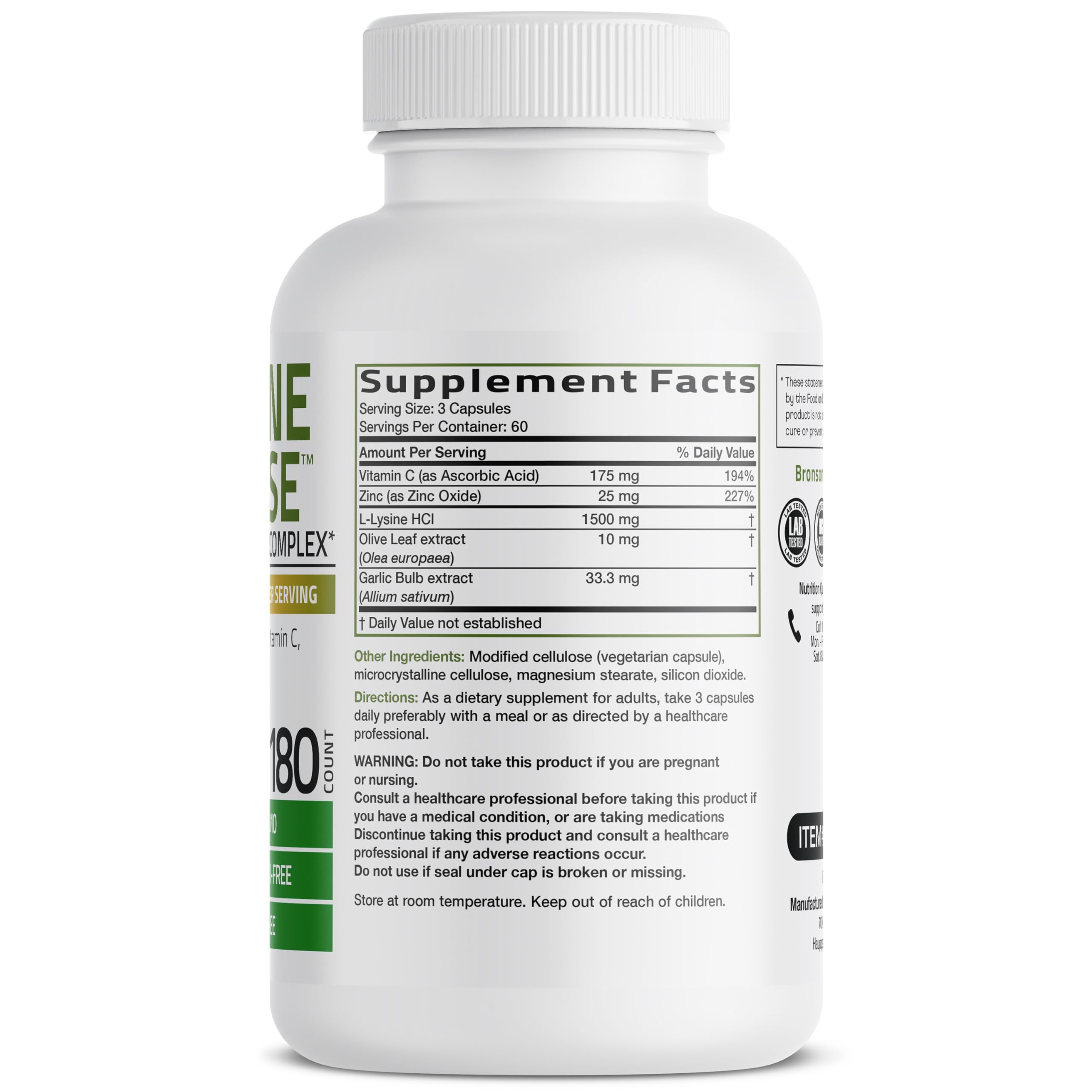 Bronson L-Lysine Defense – étiquette montrant L-Lysine et ingrédients naturels pour le quotidien