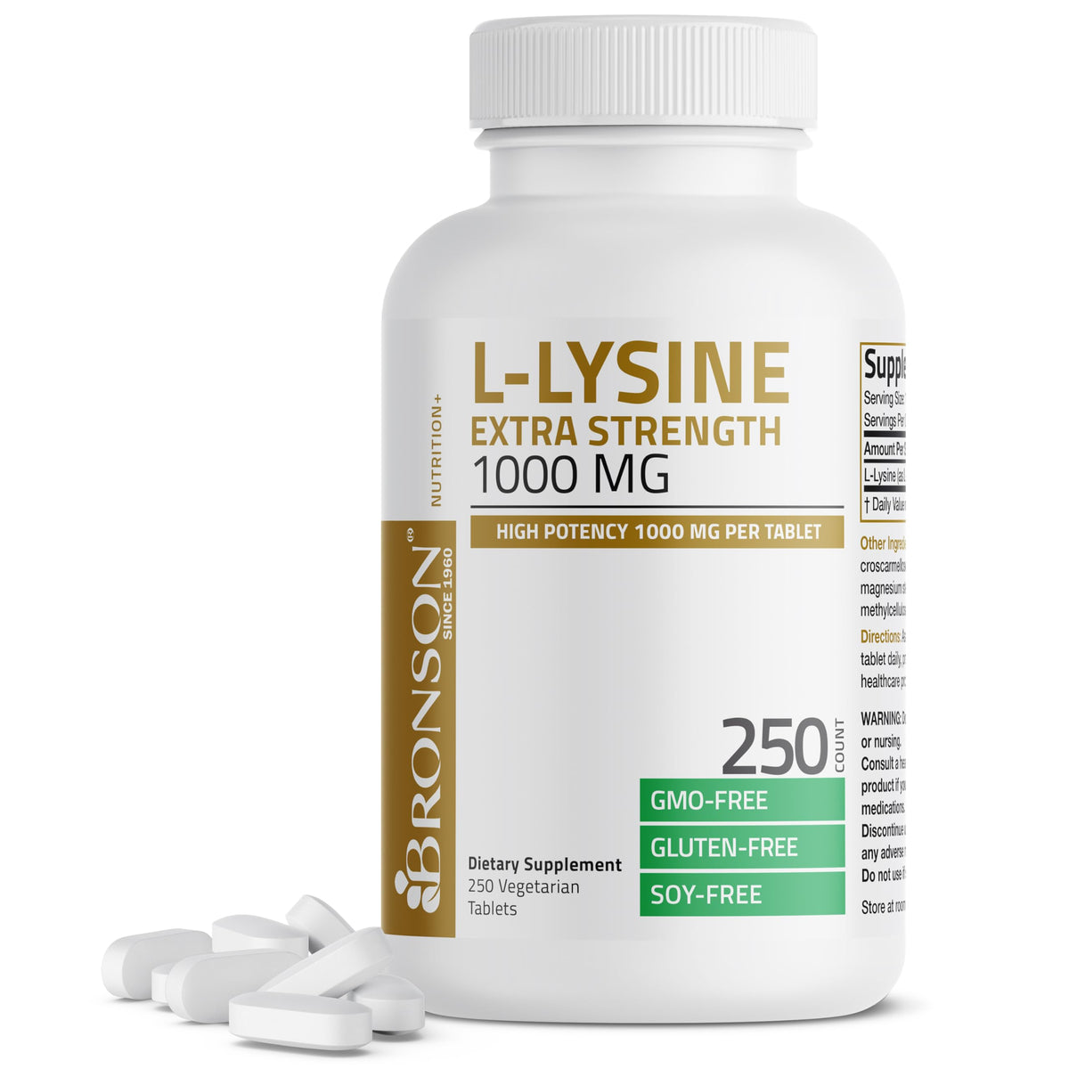 Bronson L-Lysine Extra Forte – emballage et aperçu des tablettes pour usage quotidien potentiel