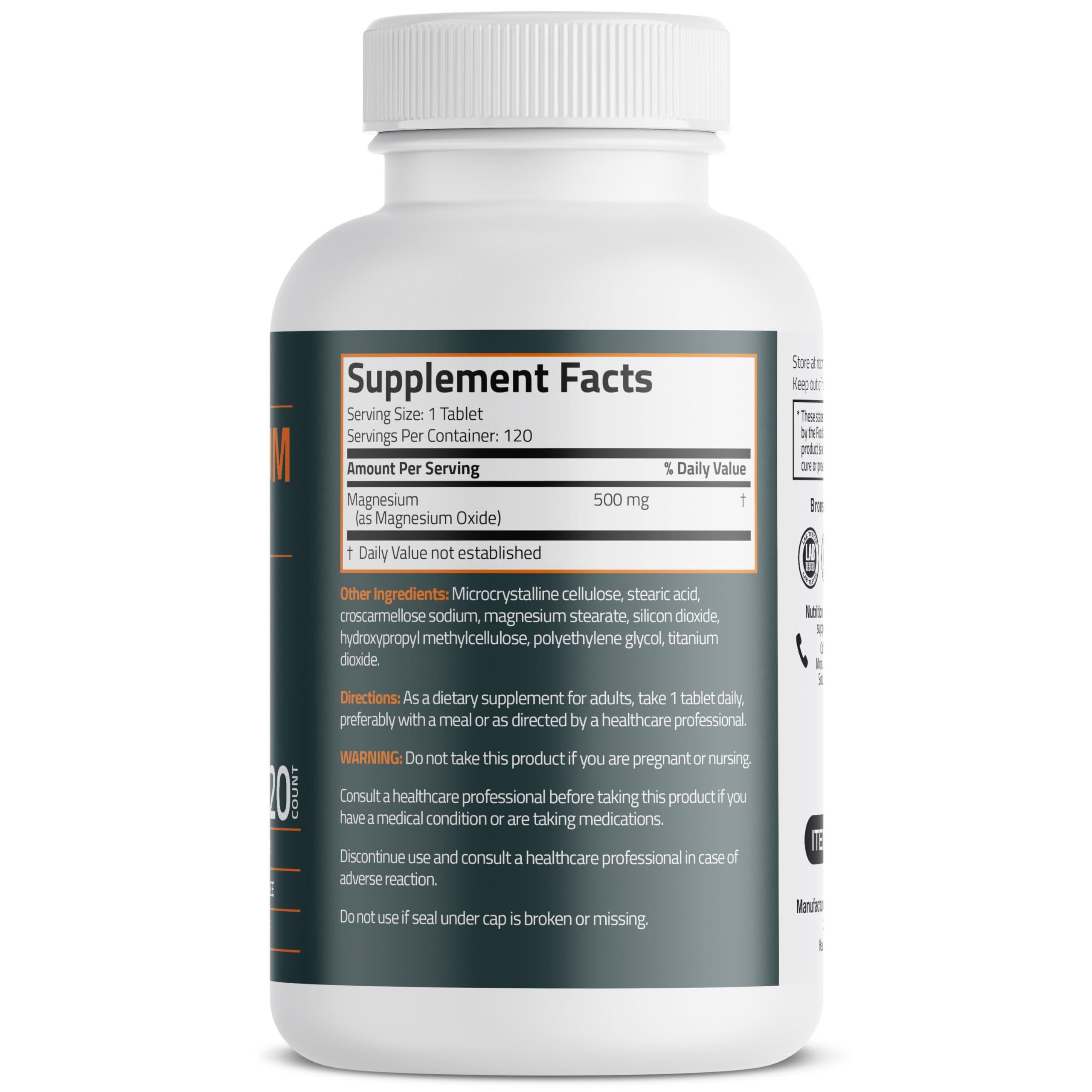 Boîte Bronson Magnésium 500 mg montrant les comprimés végétariens.