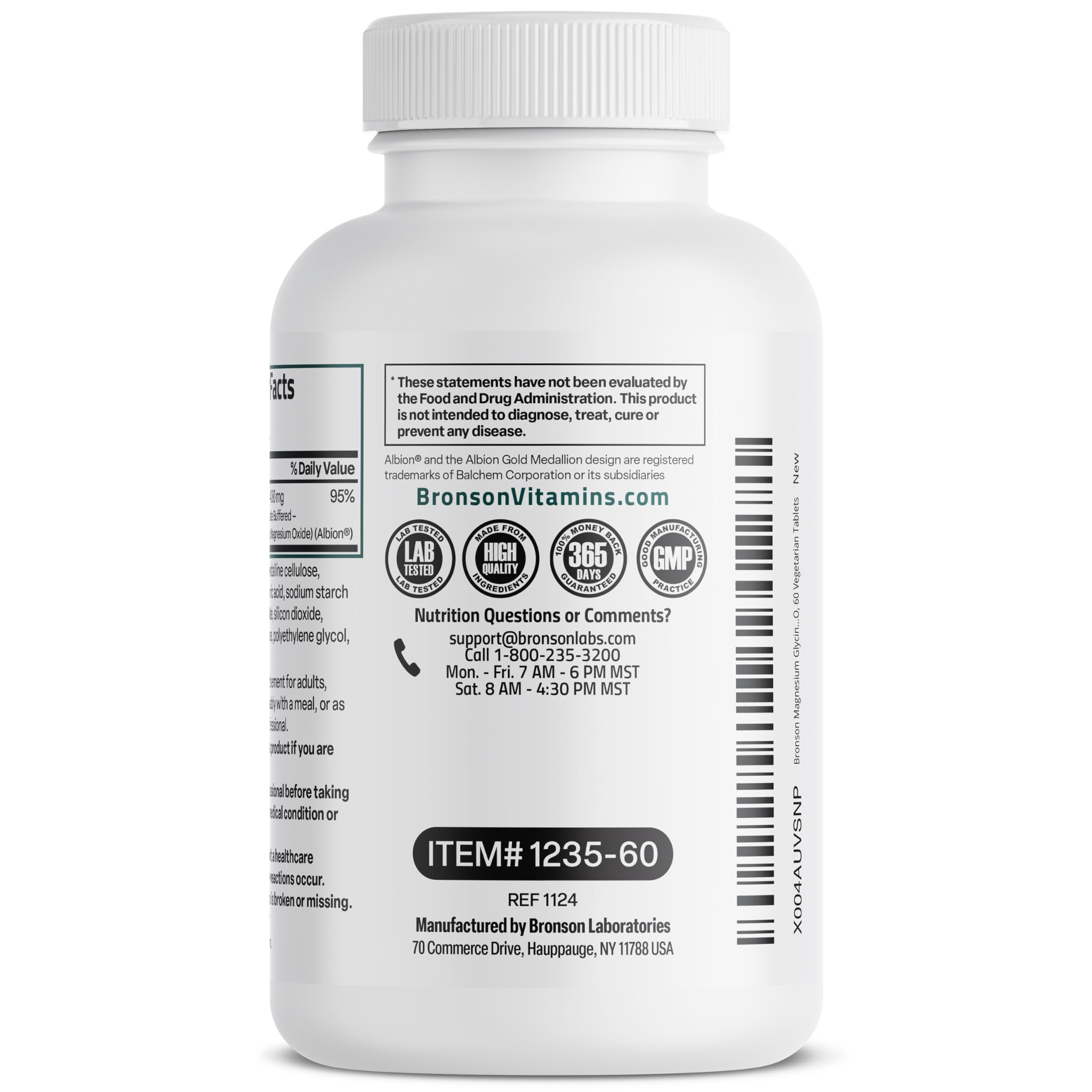 Bronson Magnésium Glycinate 400mg - étiquette claire renforçant la transparence.