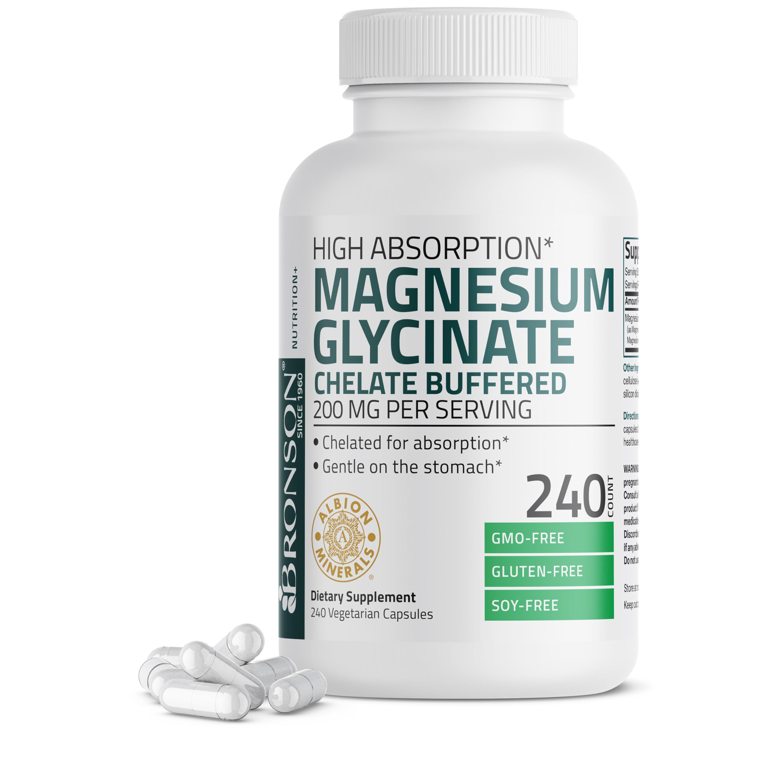 Bronson Magnésium Glycinate - Bouteille 200 mg pour absorption potentielle élevée.