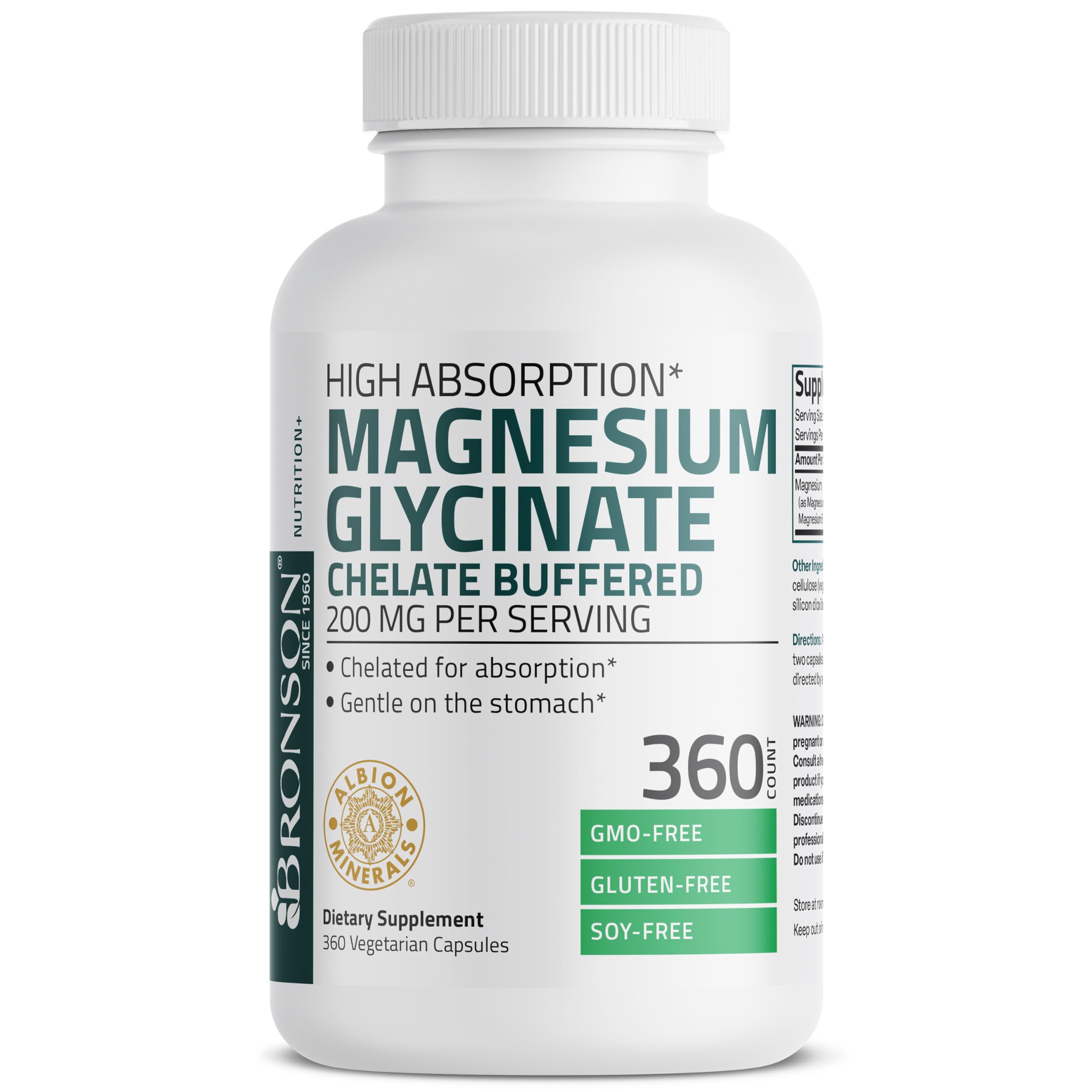 Emballage Bronson Magnésium Glycinate sans gluten et sans soja.