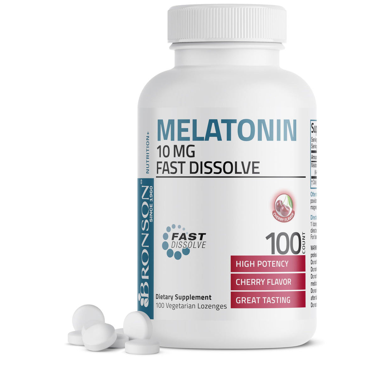 Bronson Mélatonine 10 mg, boîte 100 comprimés cerise, soutien potentiel au sommeil.