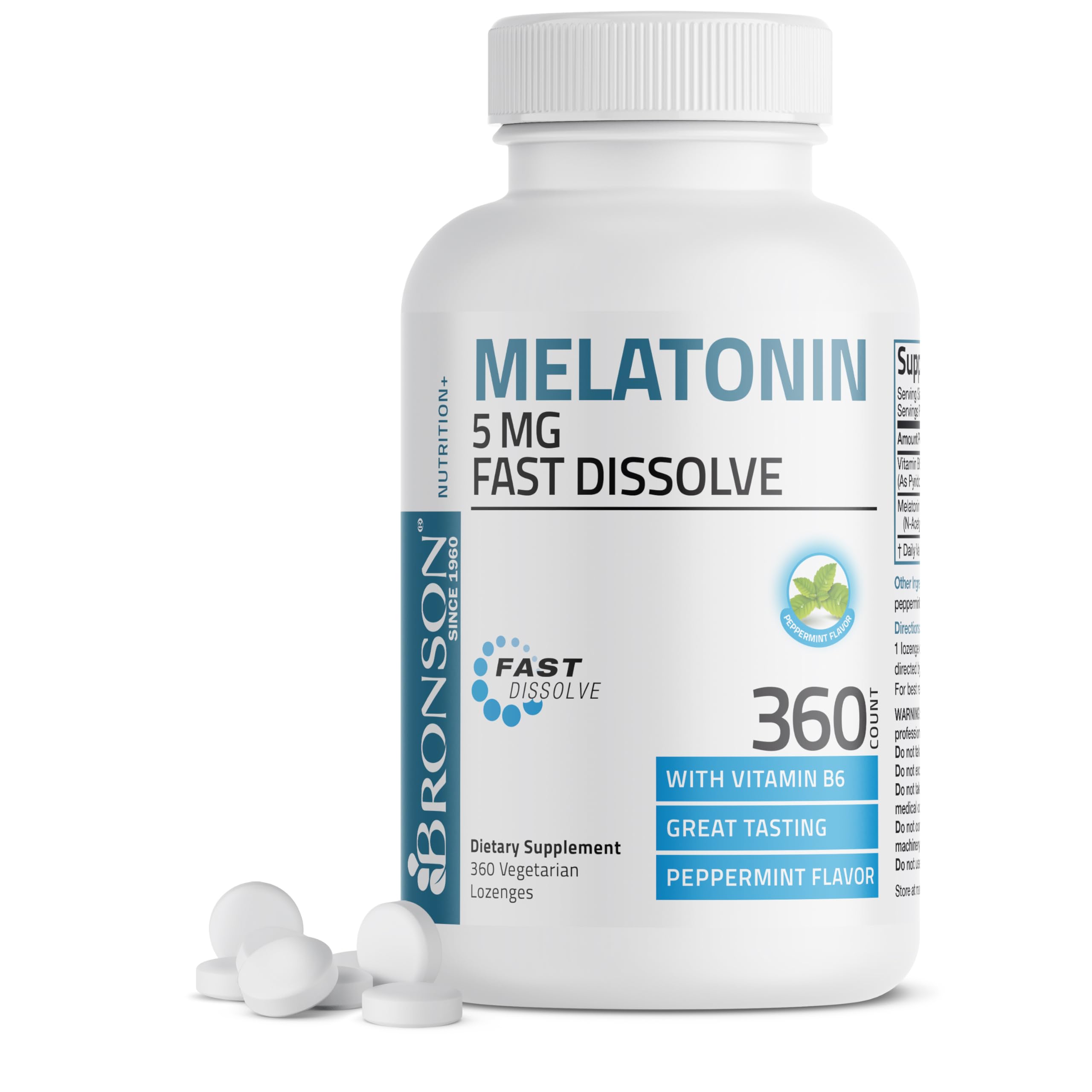 Bronson Mélatonine 5 mg, pastilles menthe, dissolution rapide, utilisation nocturne.