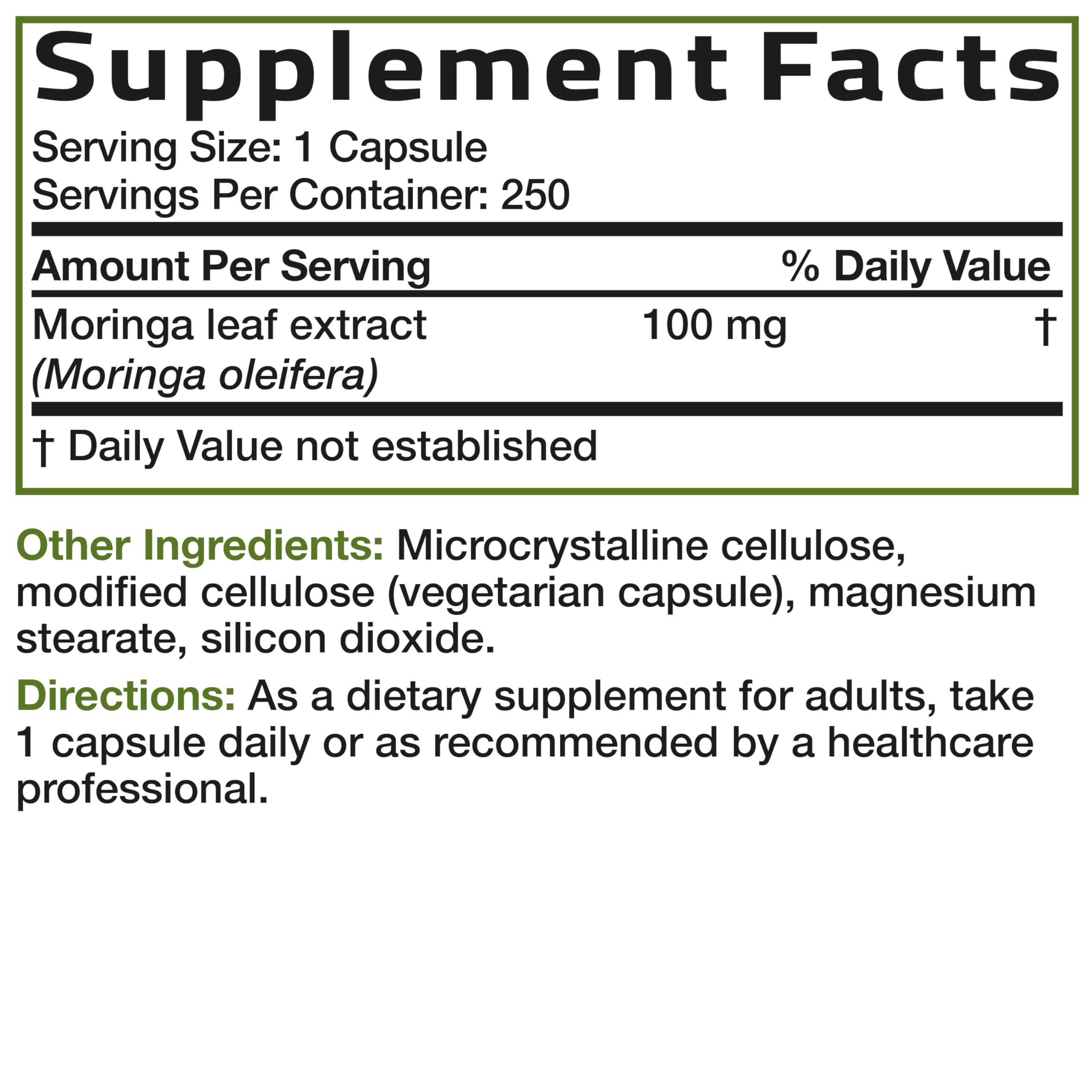 Bronson Moringa, étiquette arrière montrant traçabilité et sécurité.