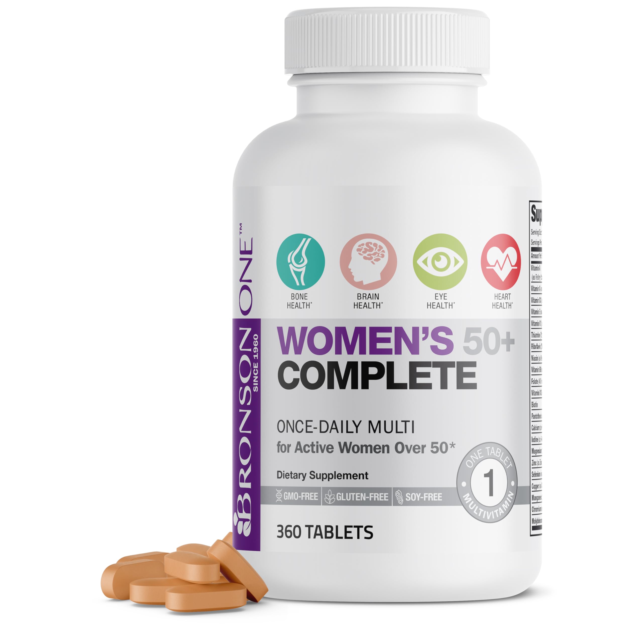 Bronson ONE Quotidien Femmes 50+ – bouteille de 360 tablettes facile à prendre