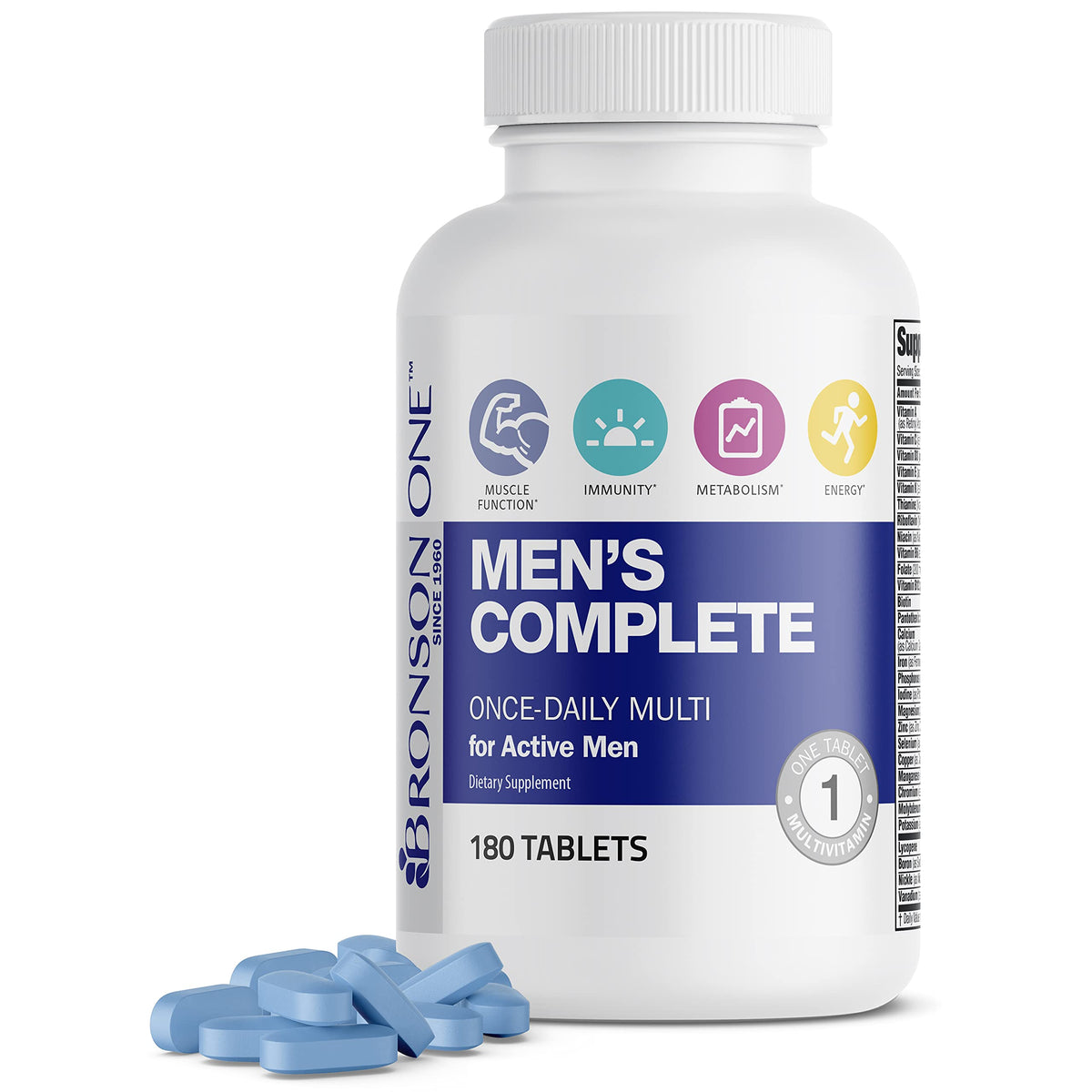 Bronson One tablettes quotidiennes dans leur emballage, soutien nutritionnel pour hommes actifs.