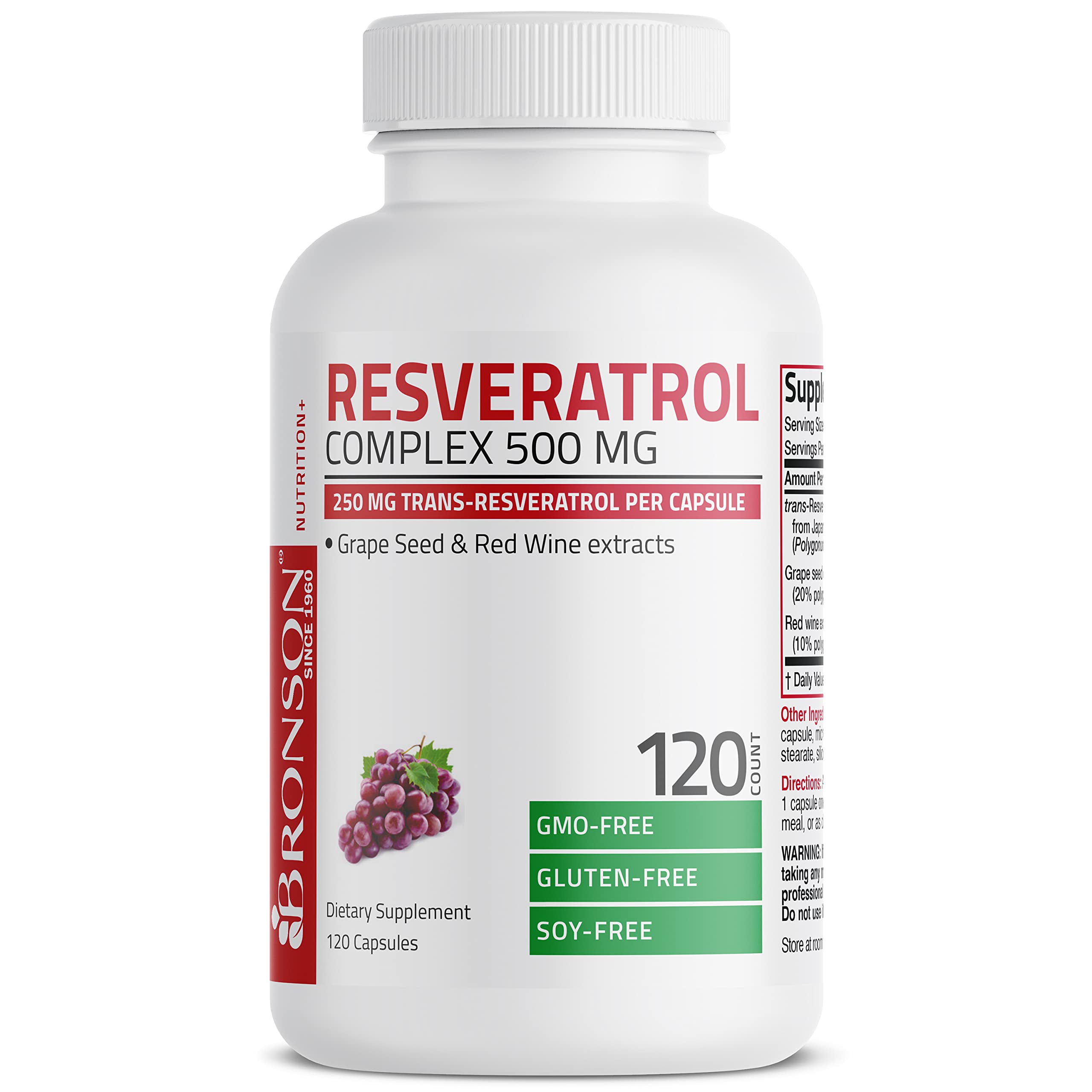 Bronson Resveratrol 500 Complex – boîte et bouchon en vue rapprochée.