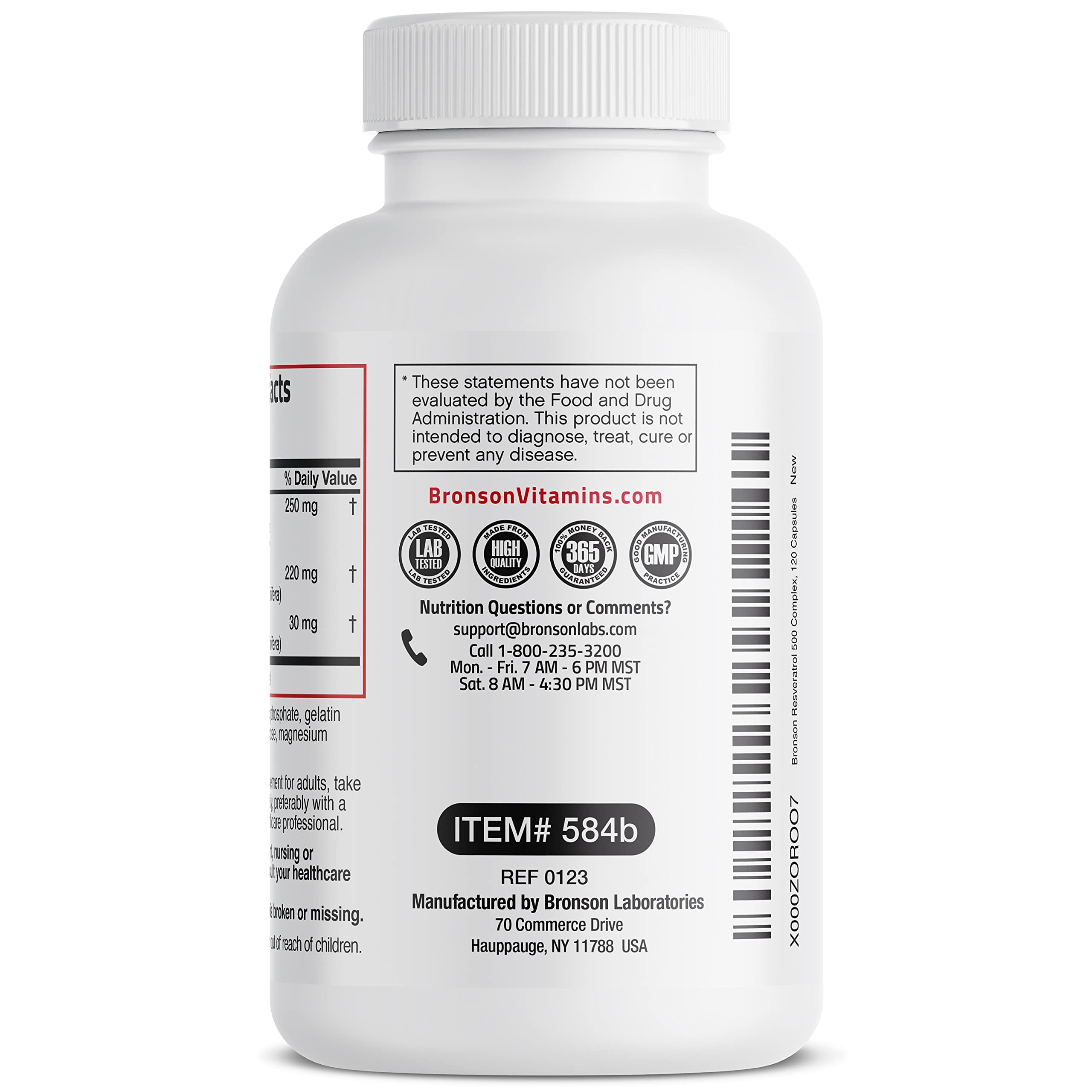 Bronson Resveratrol 500 Complex – étiquette montrant les extraits et leur origine.