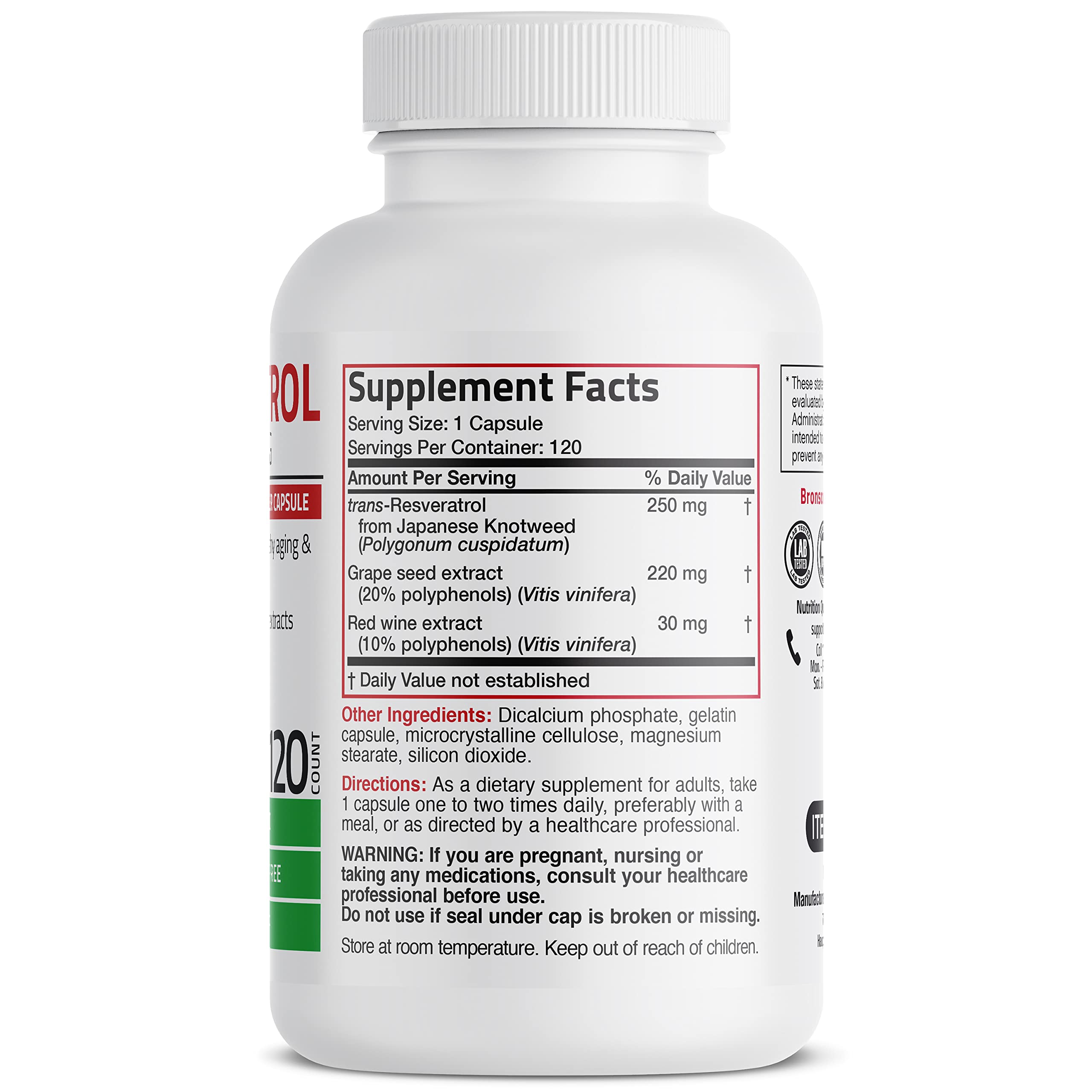 Bronson Resveratrol 500 Complex – étiquette, informations claires sur les ingrédients.