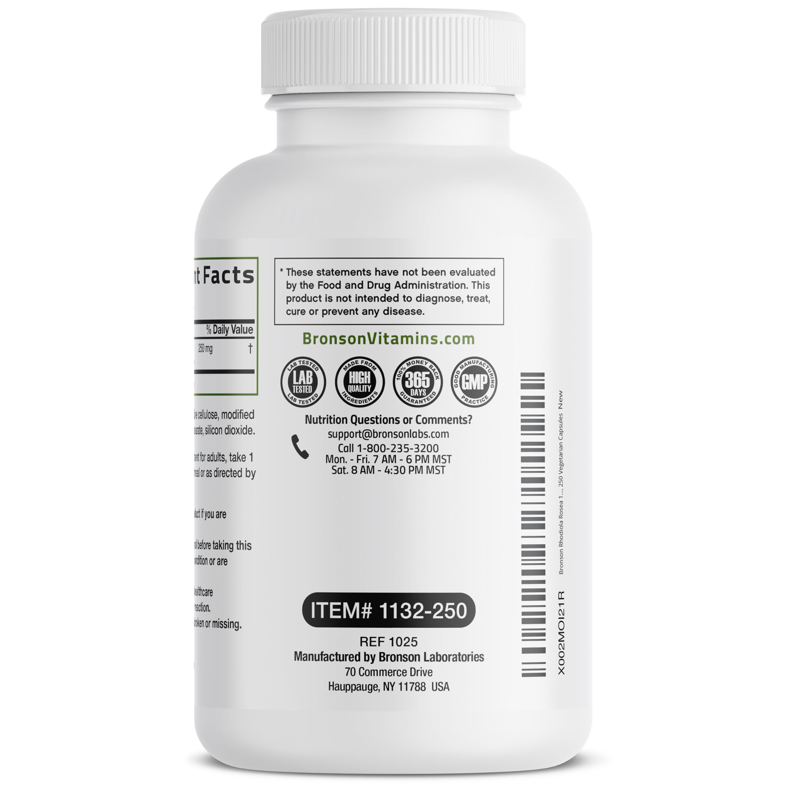 Bronson Rhodiola Rosea étiquette et ingrédients, informations claires sur le produit.