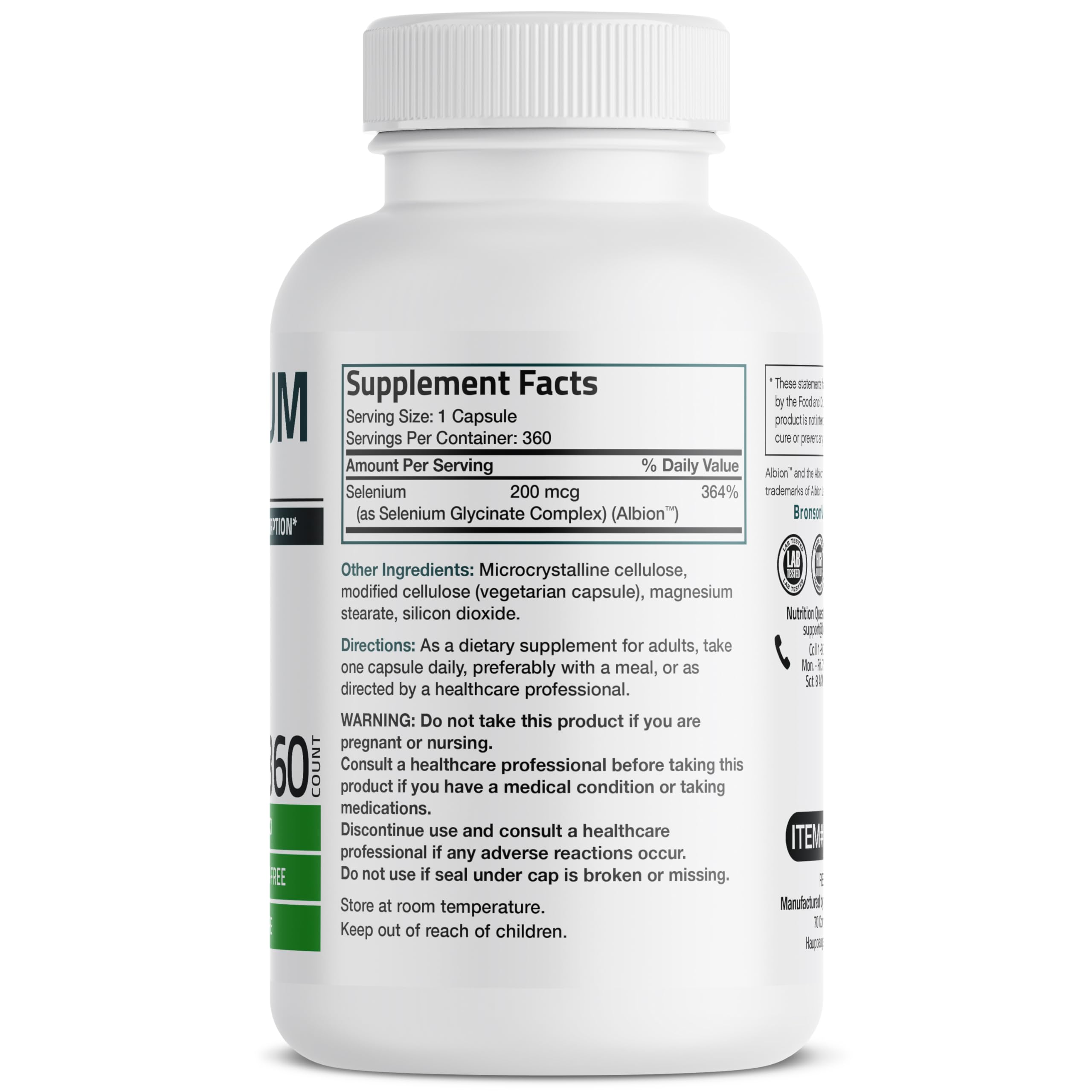 Bronson Selenium 200 mcg, étiquette claire, informations essentielles sur la posologie