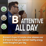 Bouteille Bronson Super B Complex ouverte dévoilant les comprimés.