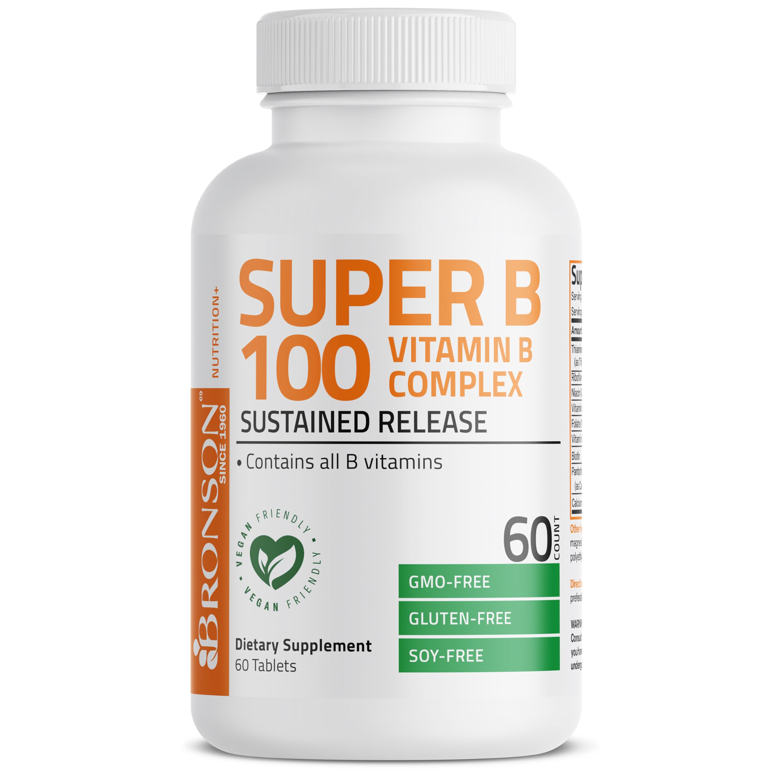 Bronson Super B100 : flacon clair montrant la composition en vitamines B.
