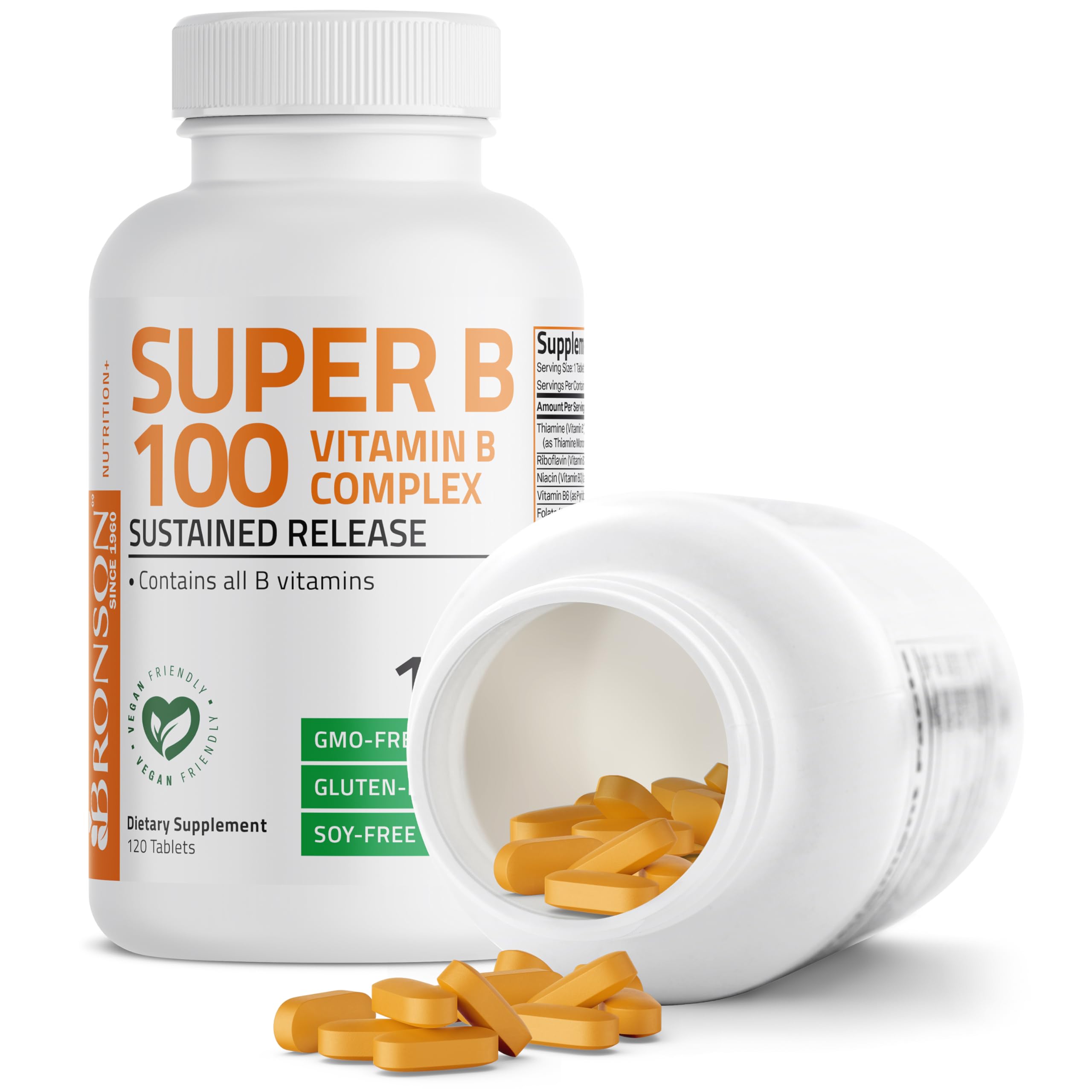 Bronson Super B100 comprimés posés sur table; formule sans gluten et sans soja.