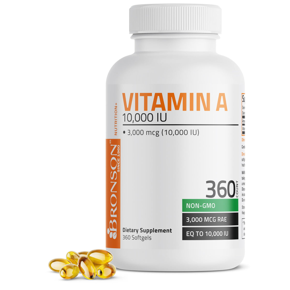 Bronson Vitamine A, bouteille softgel, soutien potentiel à la vision et l'immunité.