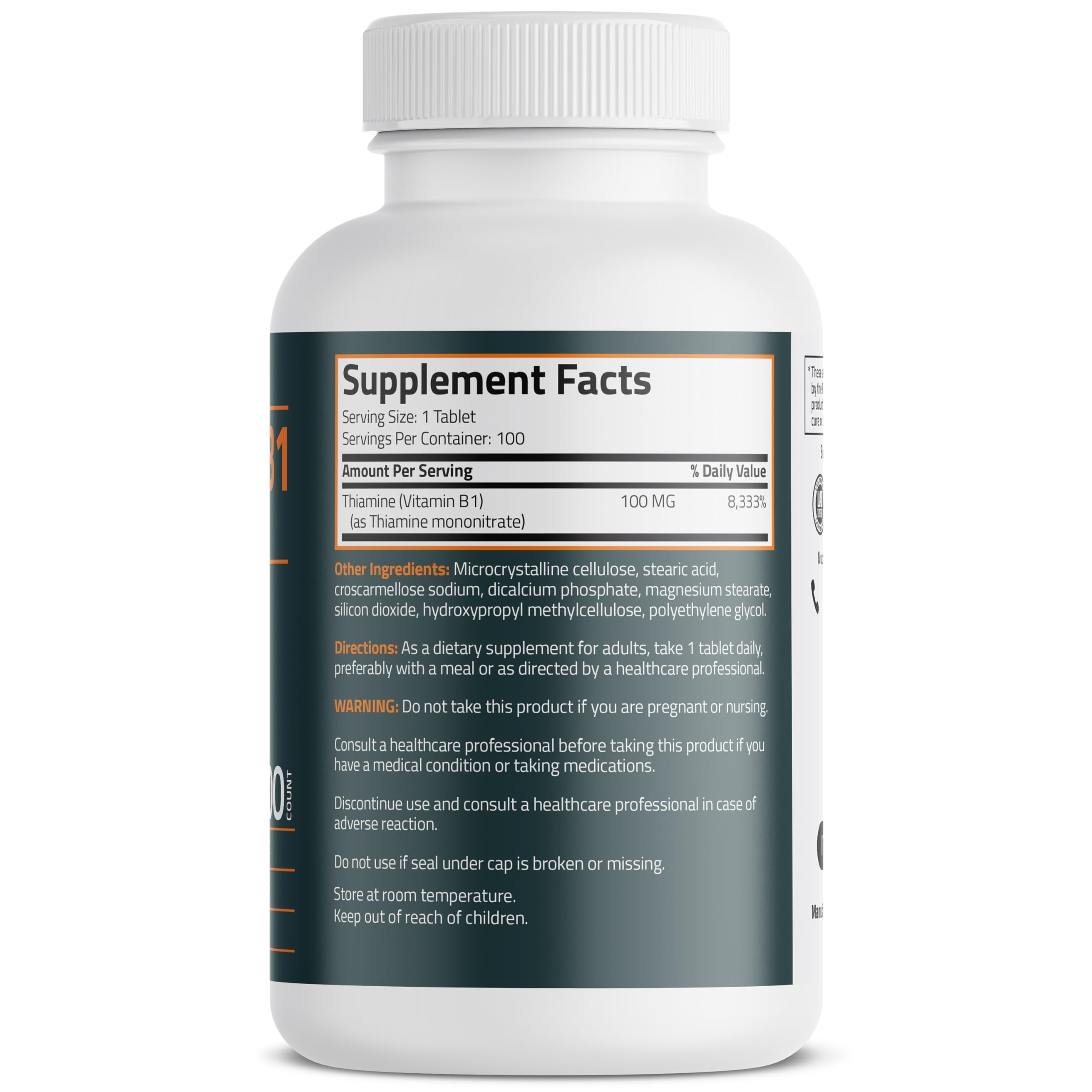 Bronson Vitamine B1 100 mg – bouteille et étiquette, qualité sans OGM et sans gluten.