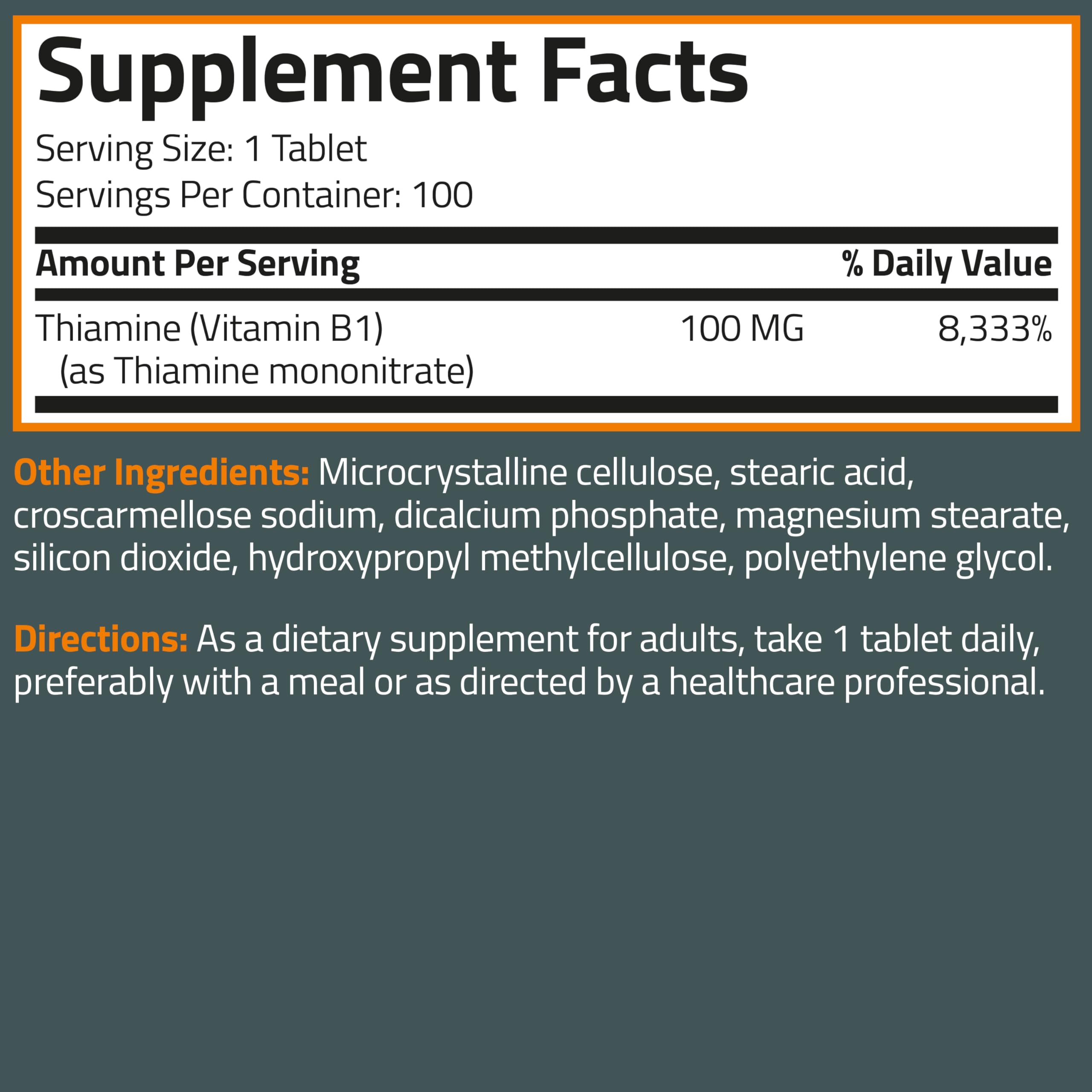 Bronson Vitamine B1 100 mg – tablettes végétariennes adaptées au régime sans allergènes.