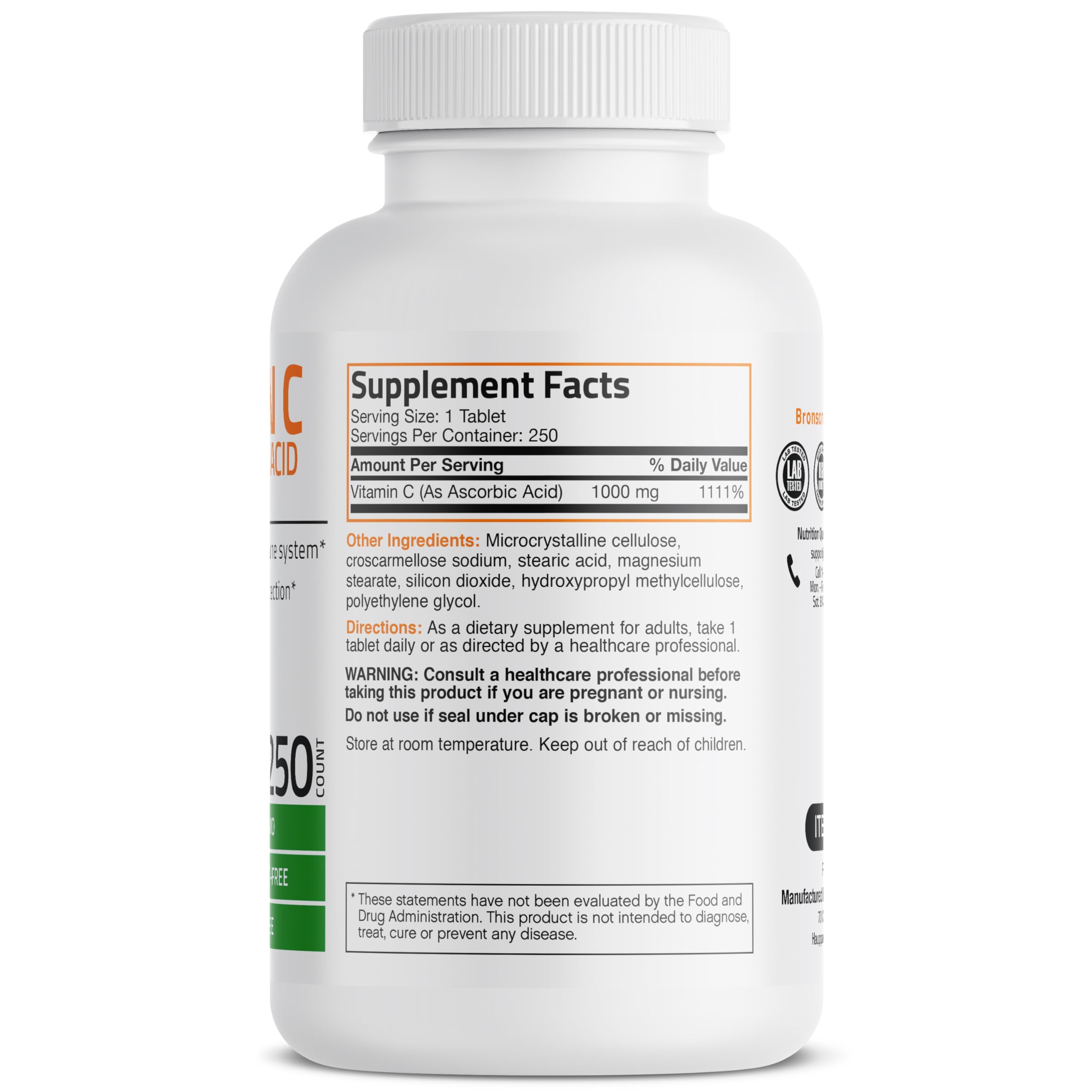 Bronson Vitamin C 1000mg – Étiquette sur bouteille, informations claires sur les ingrédients.