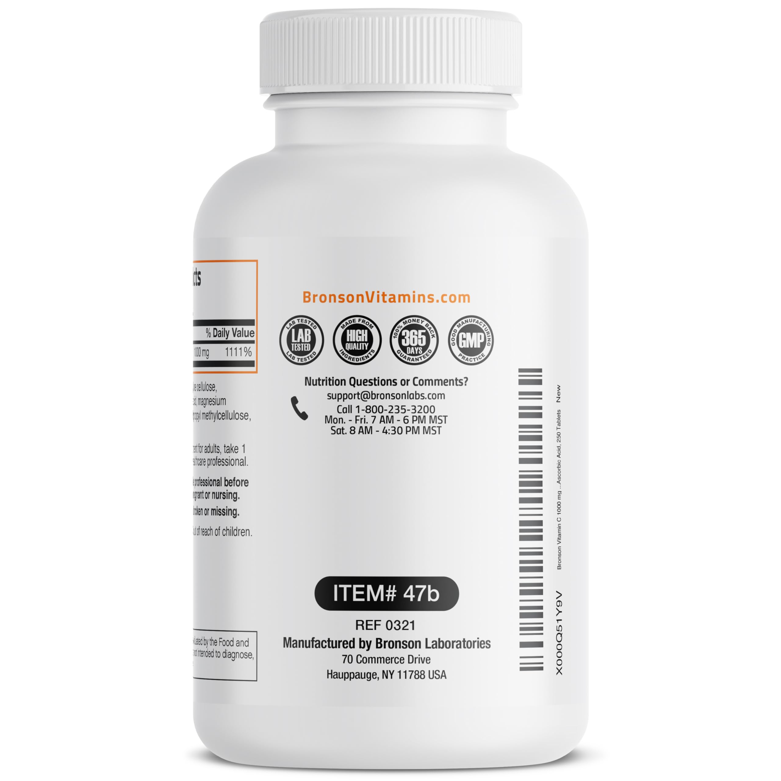 Bronson Vitamin C 1000mg – Symbol sans allergènes et traçabilité.